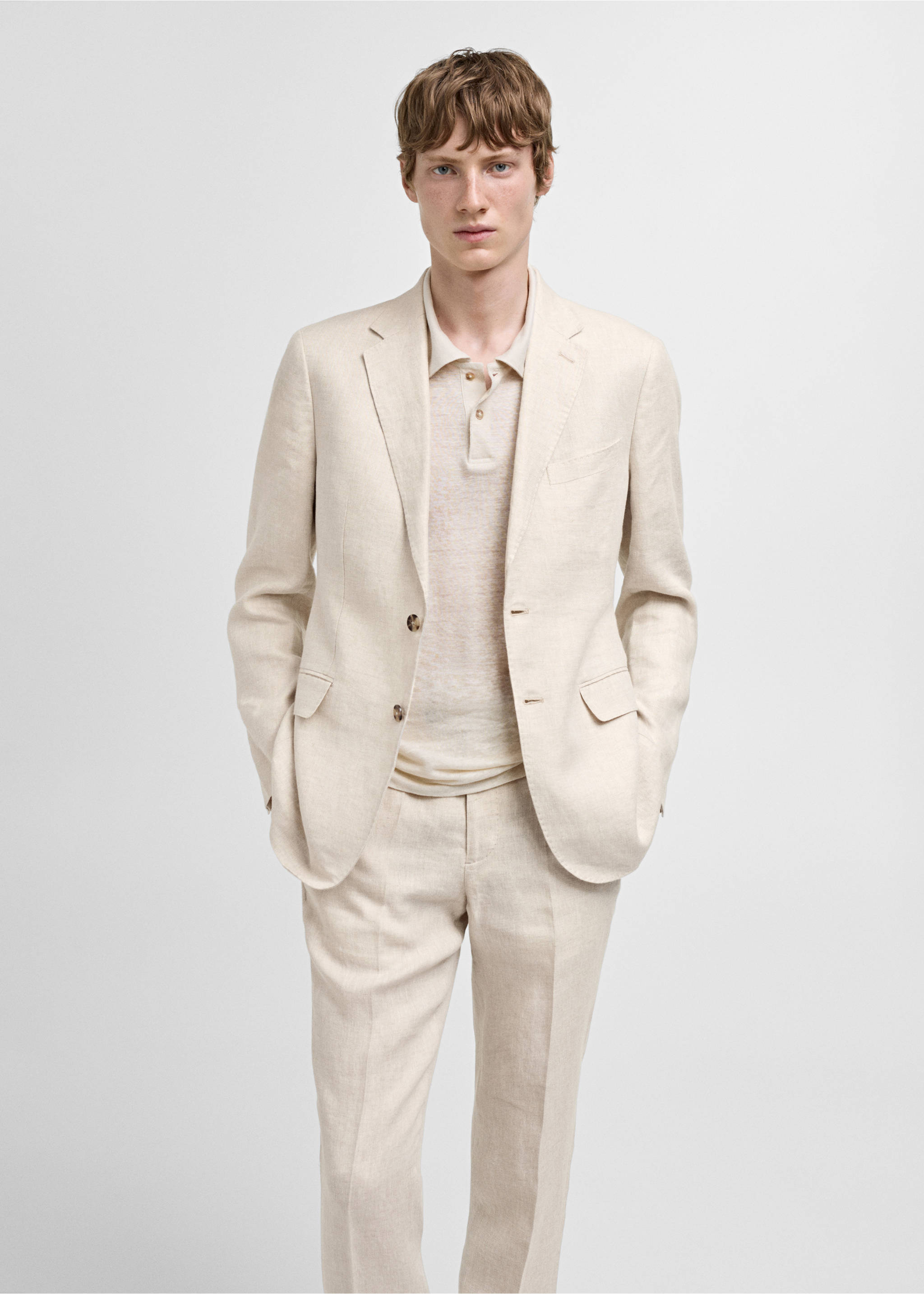 Americana traje slim fit 100% lino - Plano medio, Beige. Ref: 77010585-01.
