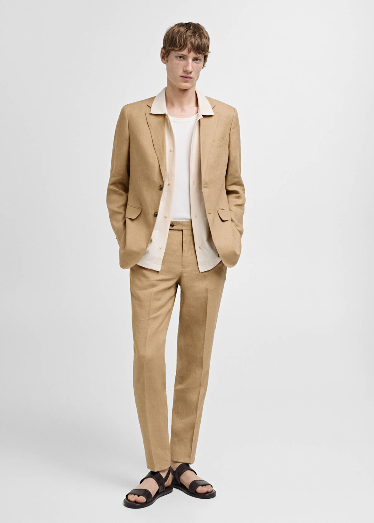 100% linen slim-fit suit jacket — Medium Brown