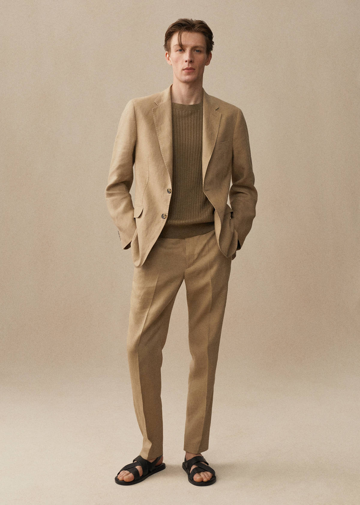 100% linen slim-fit suit jacket — Medium Brown