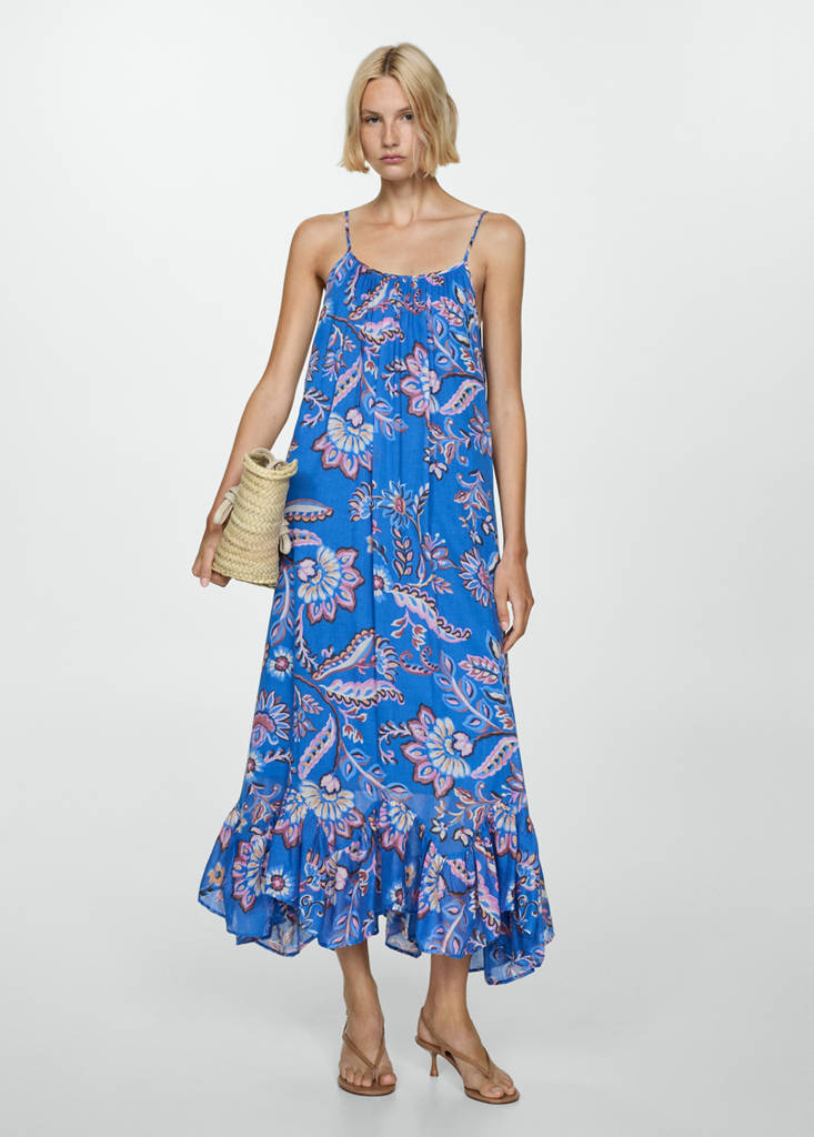 MANGO - Robe longue en imprimé fleuri bleu - S