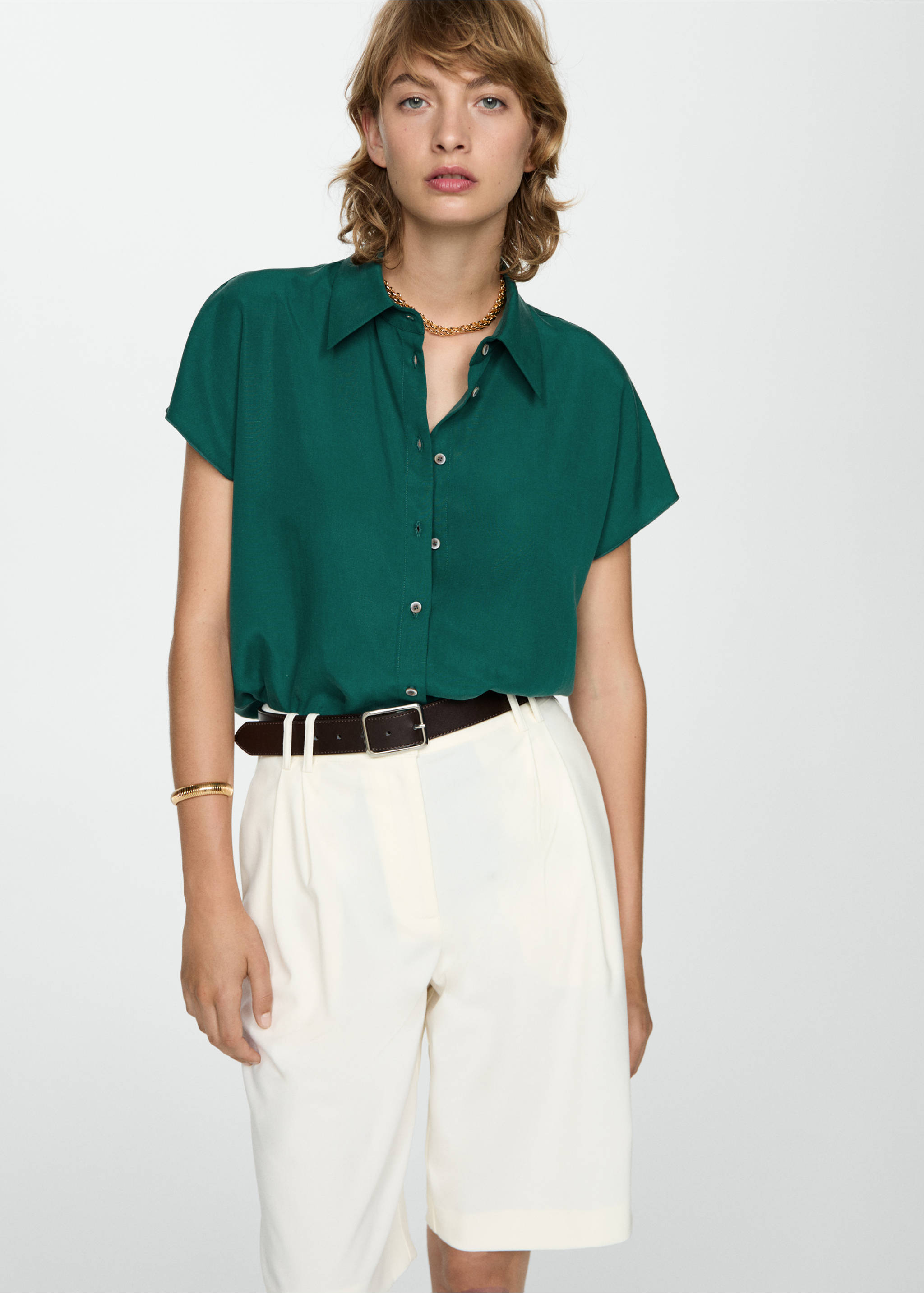 Short-sleeved lyocell shirt - Средний план, Зеленый. Ref: 77014034-00.