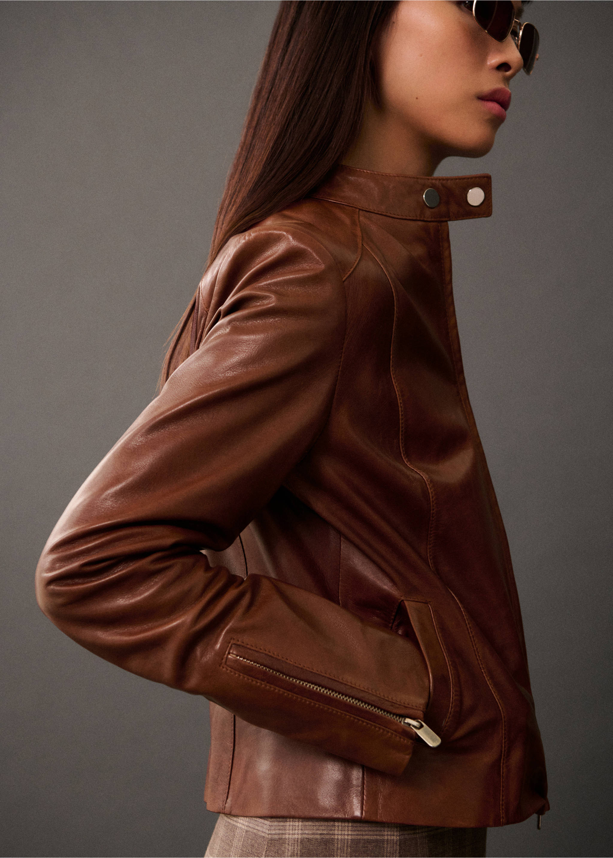 Leather zipper jacket - Medium plane, Medium Brown. Ref: 77015662-00.