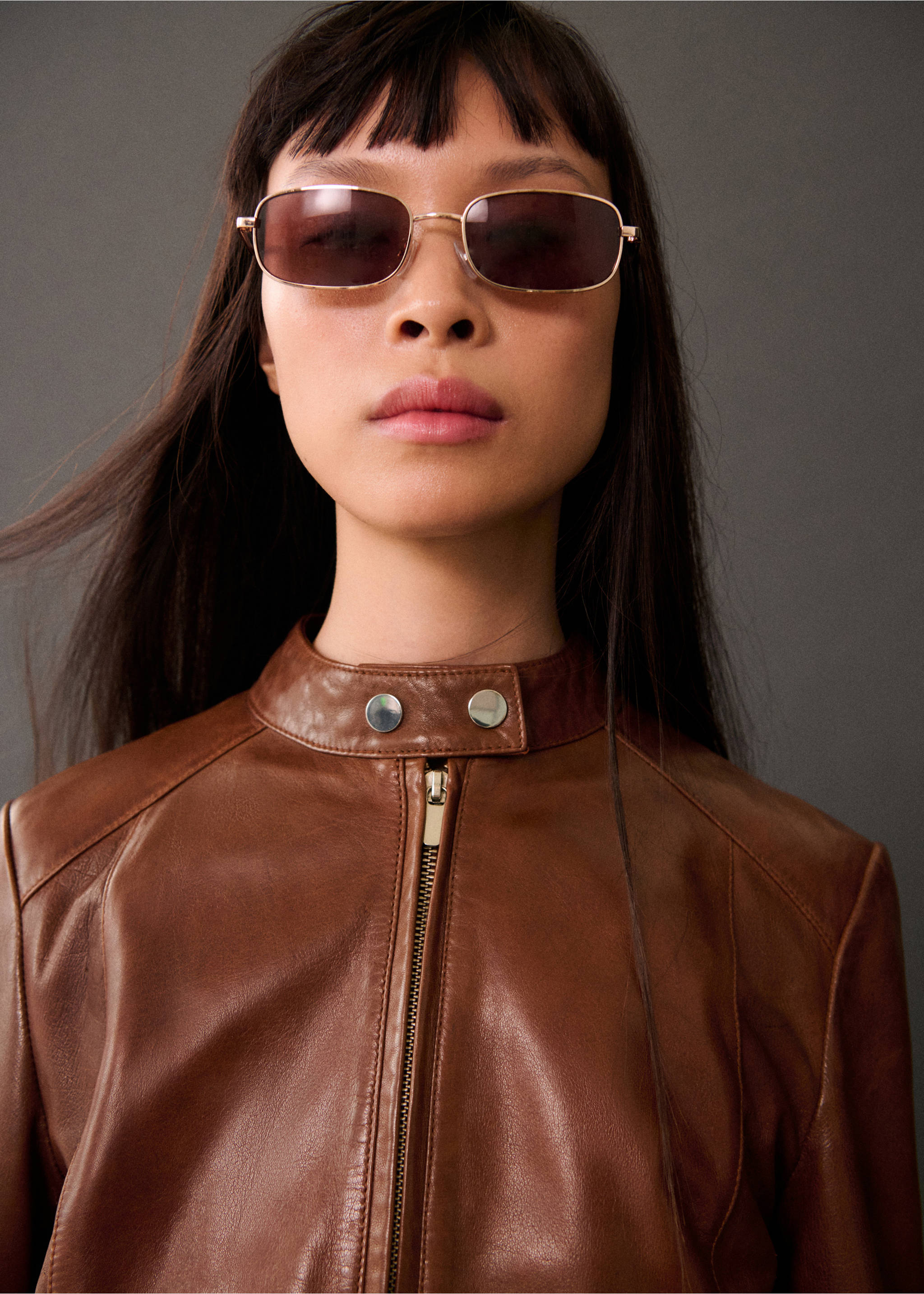 Leather zipper jacket - Details of the article 1, Medium Brown. Ref: 77015662-00.