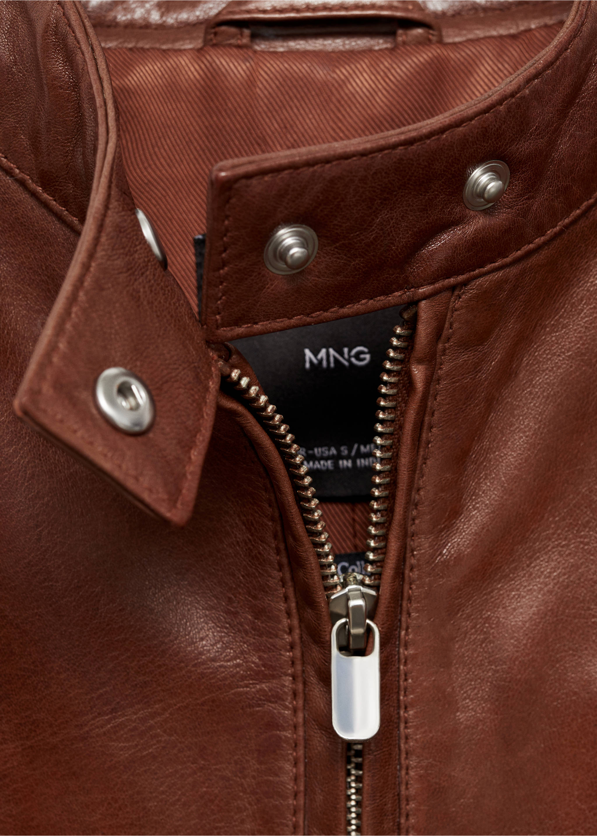 Leather zipper jacket - Details of the article 8, Medium Brown. Ref: 77015662-00.
