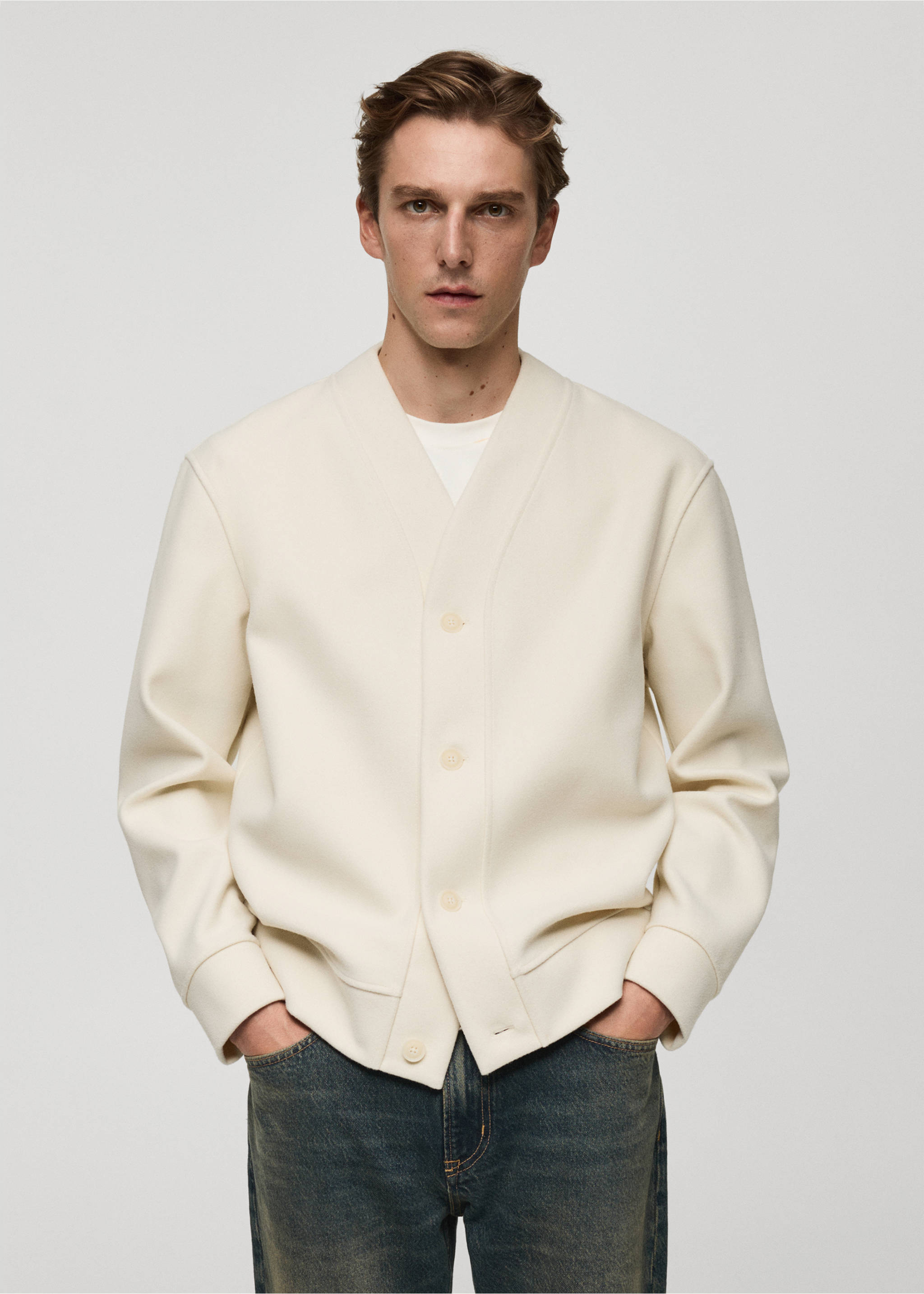 Relaxed fit flannel cardigan - Medium plane, Ecru. Ref: 77017940-00.