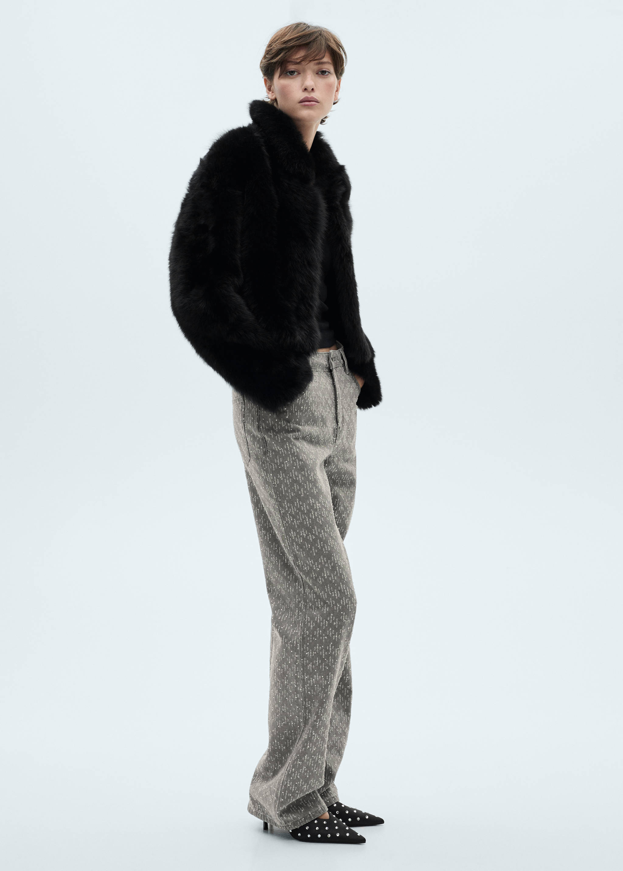 水钻细节直筒牛仔裤 - null