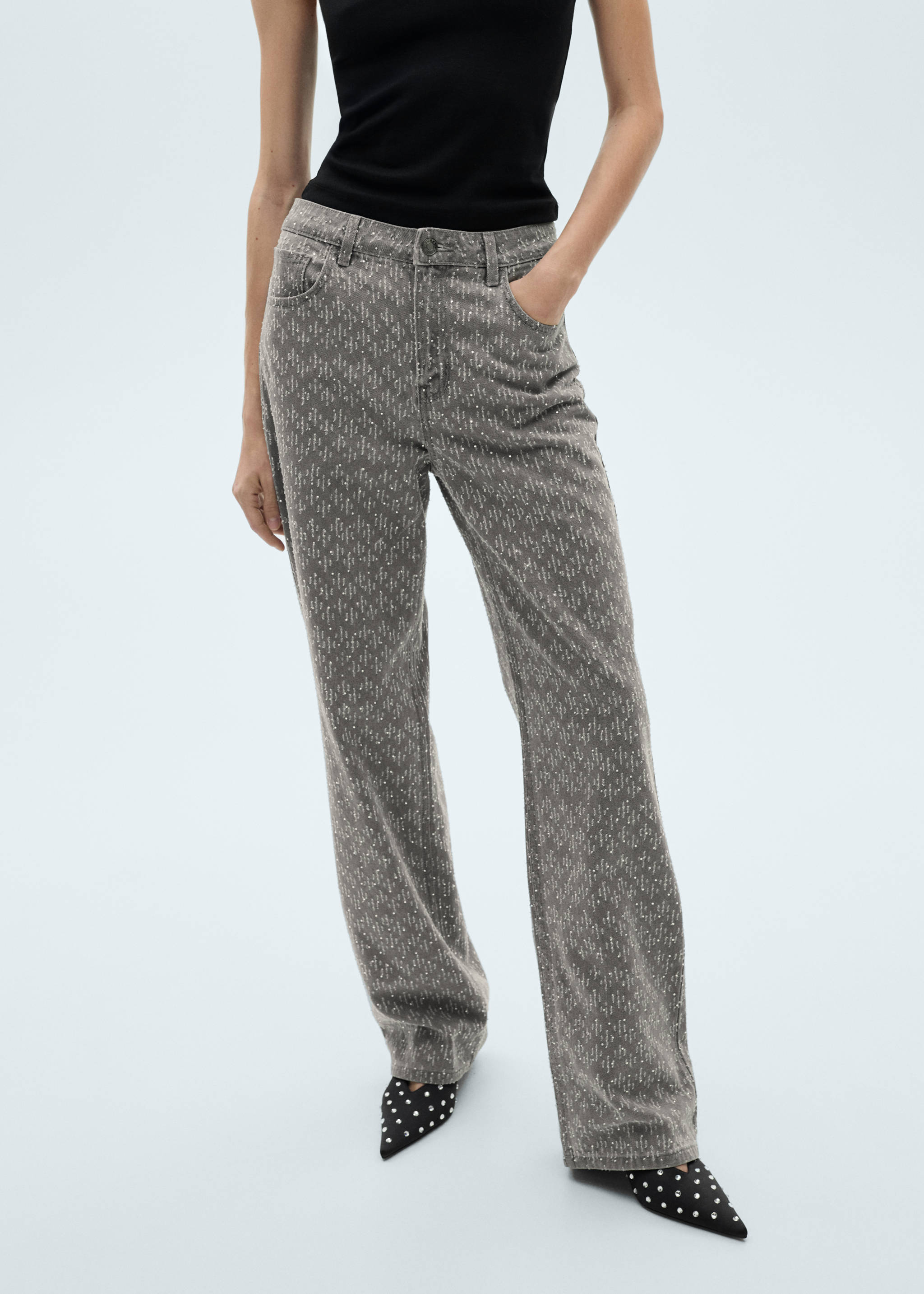 水钻细节直筒牛仔裤 - null