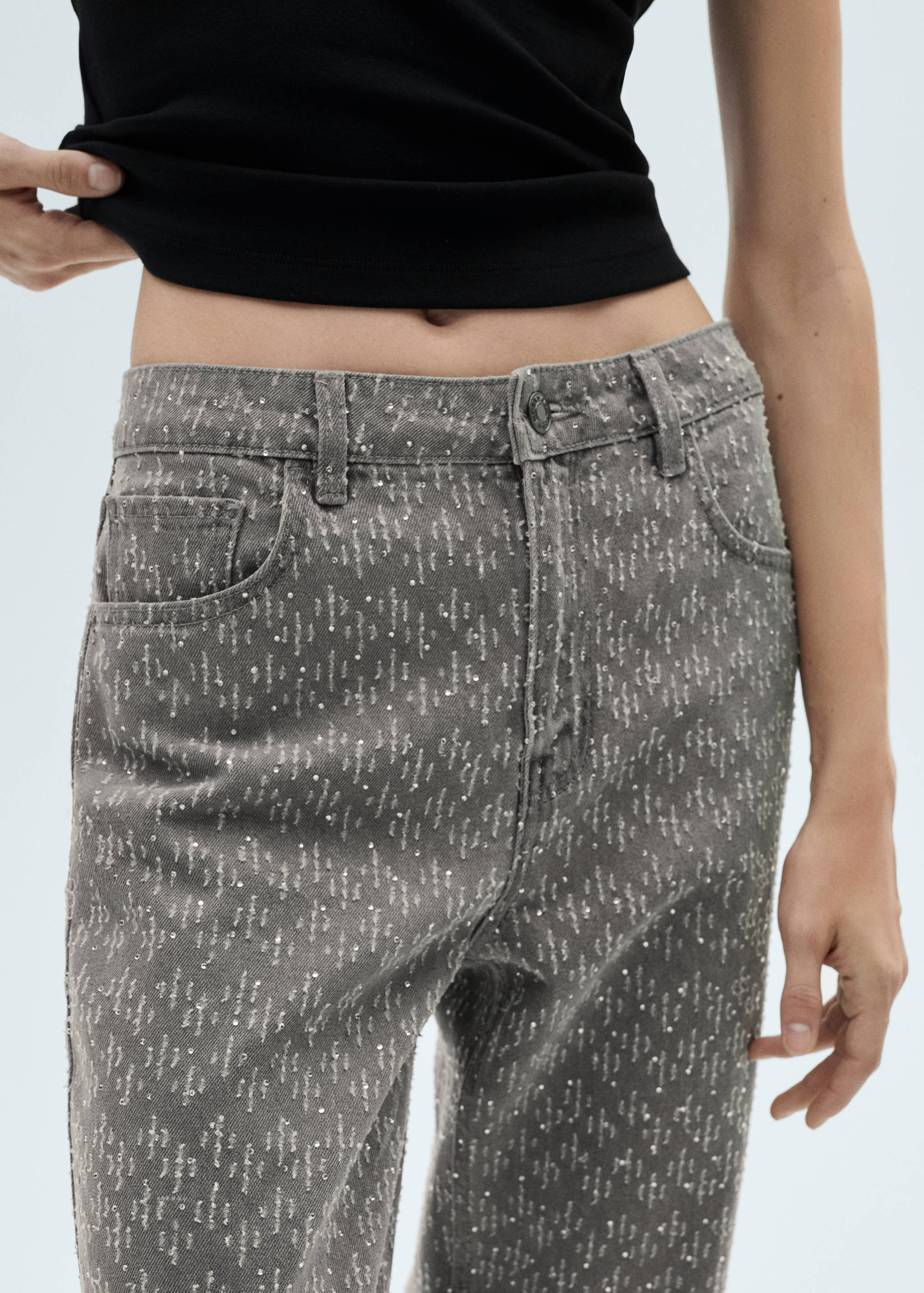 水钻细节直筒牛仔裤 - null