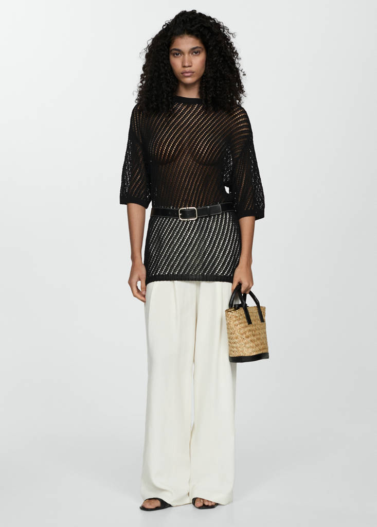 Short-sleeved crochet sweater — Black