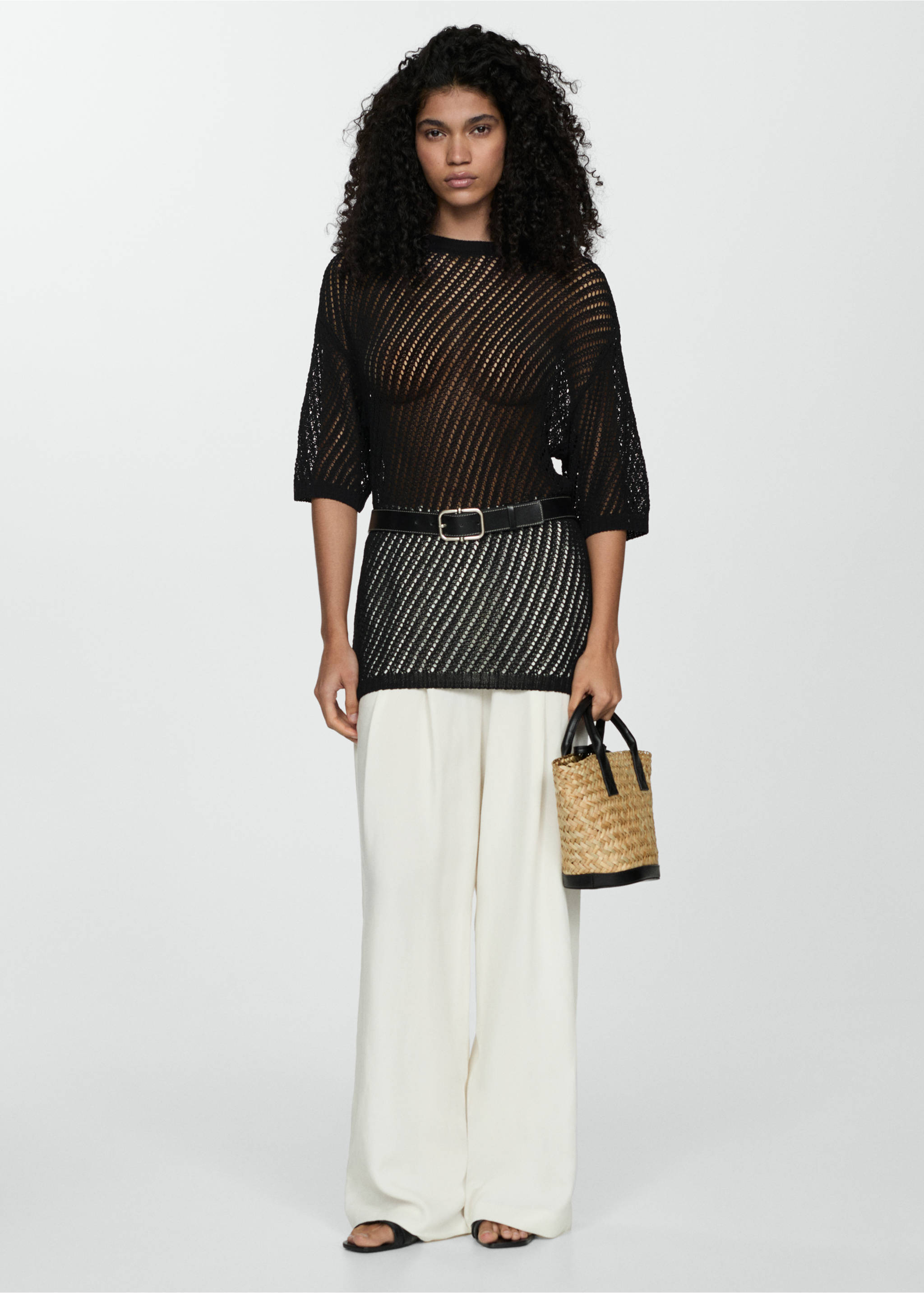 Pull-over crochet manches courtes - Plan général, Noir. Ref: 77020345-00.