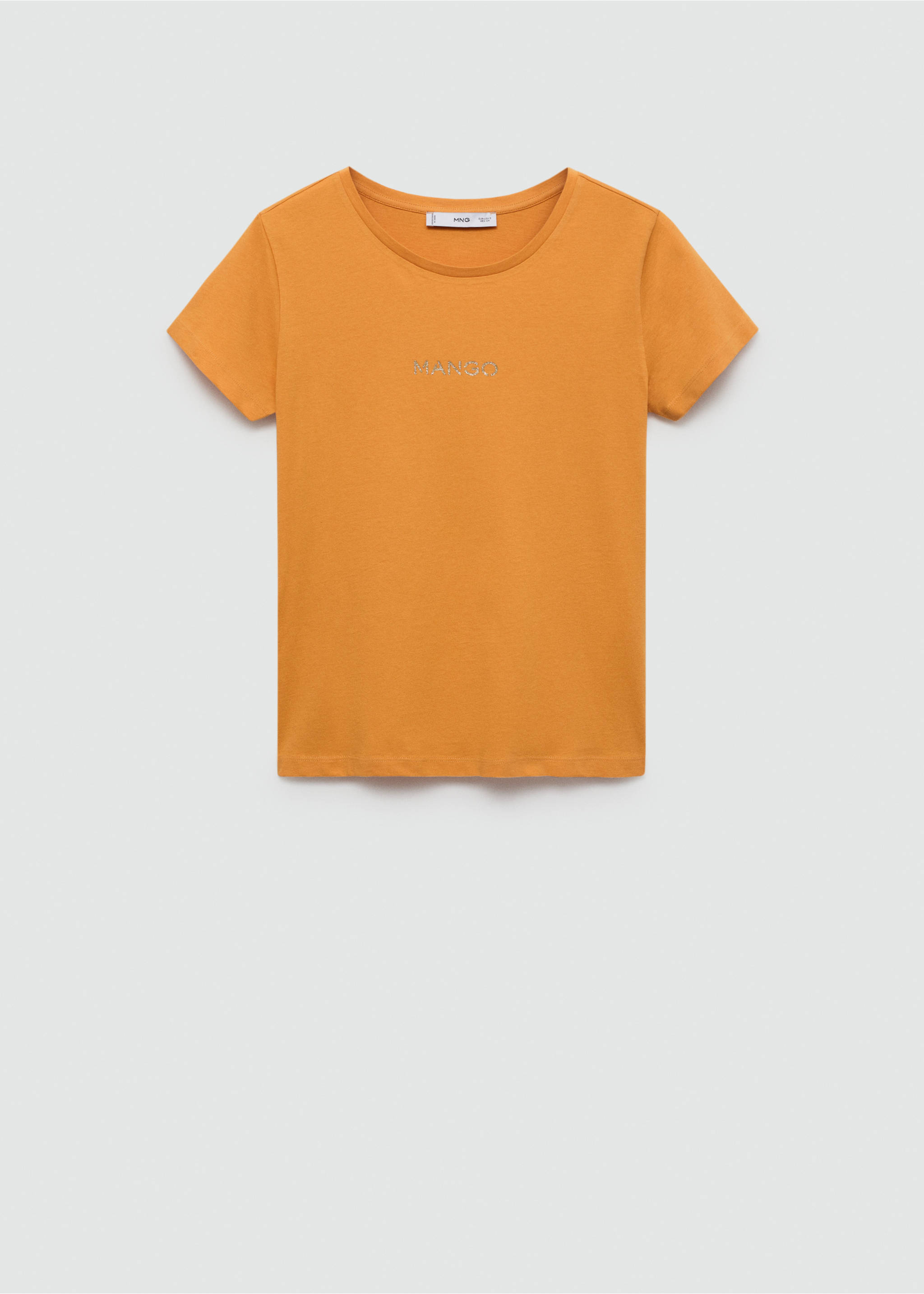 Orange short-sleeved T-shirt with a round neck and silver rhinestone logo., Mustard. Ref: 77020354-00.