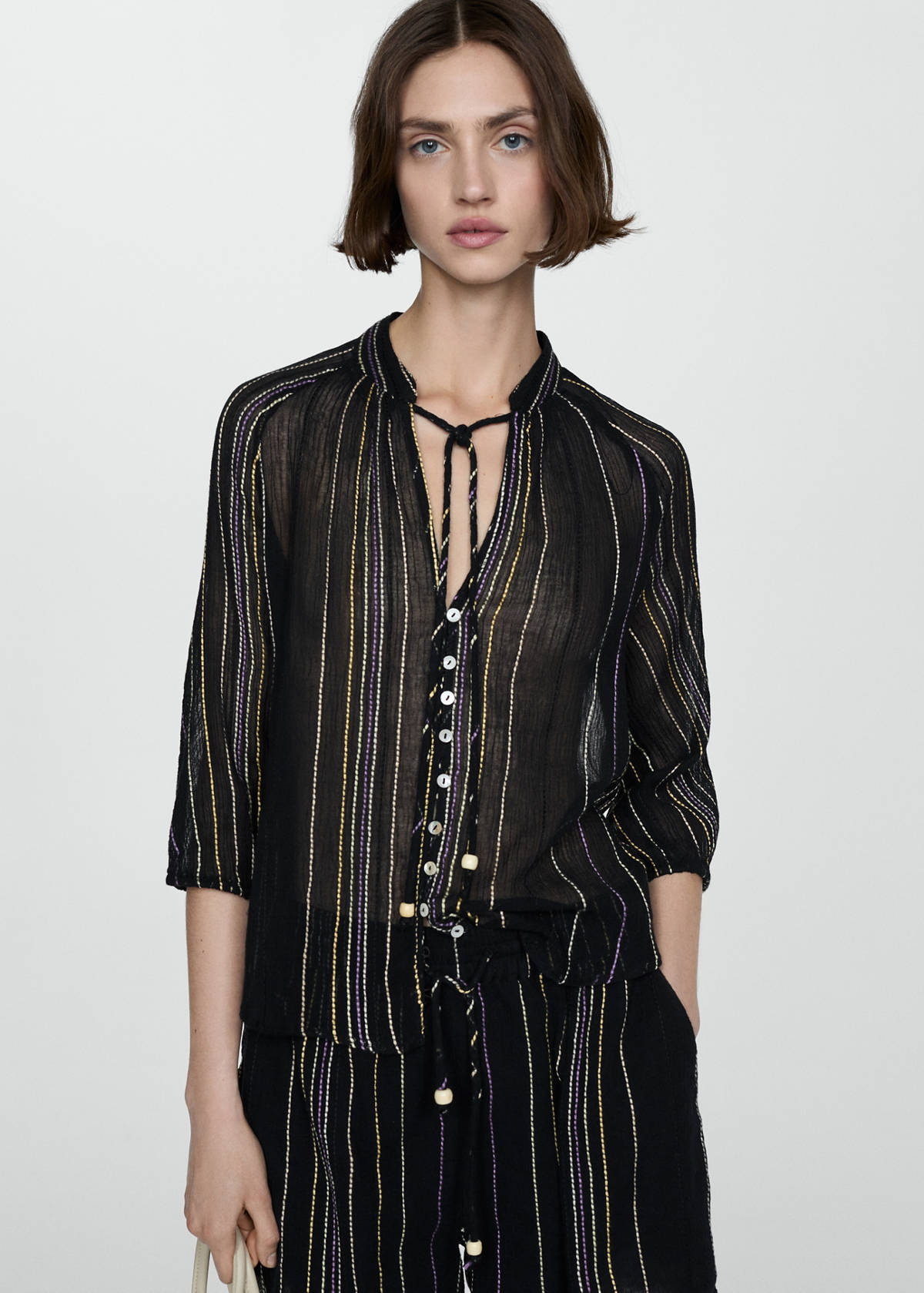 Striped bow blouse — Black