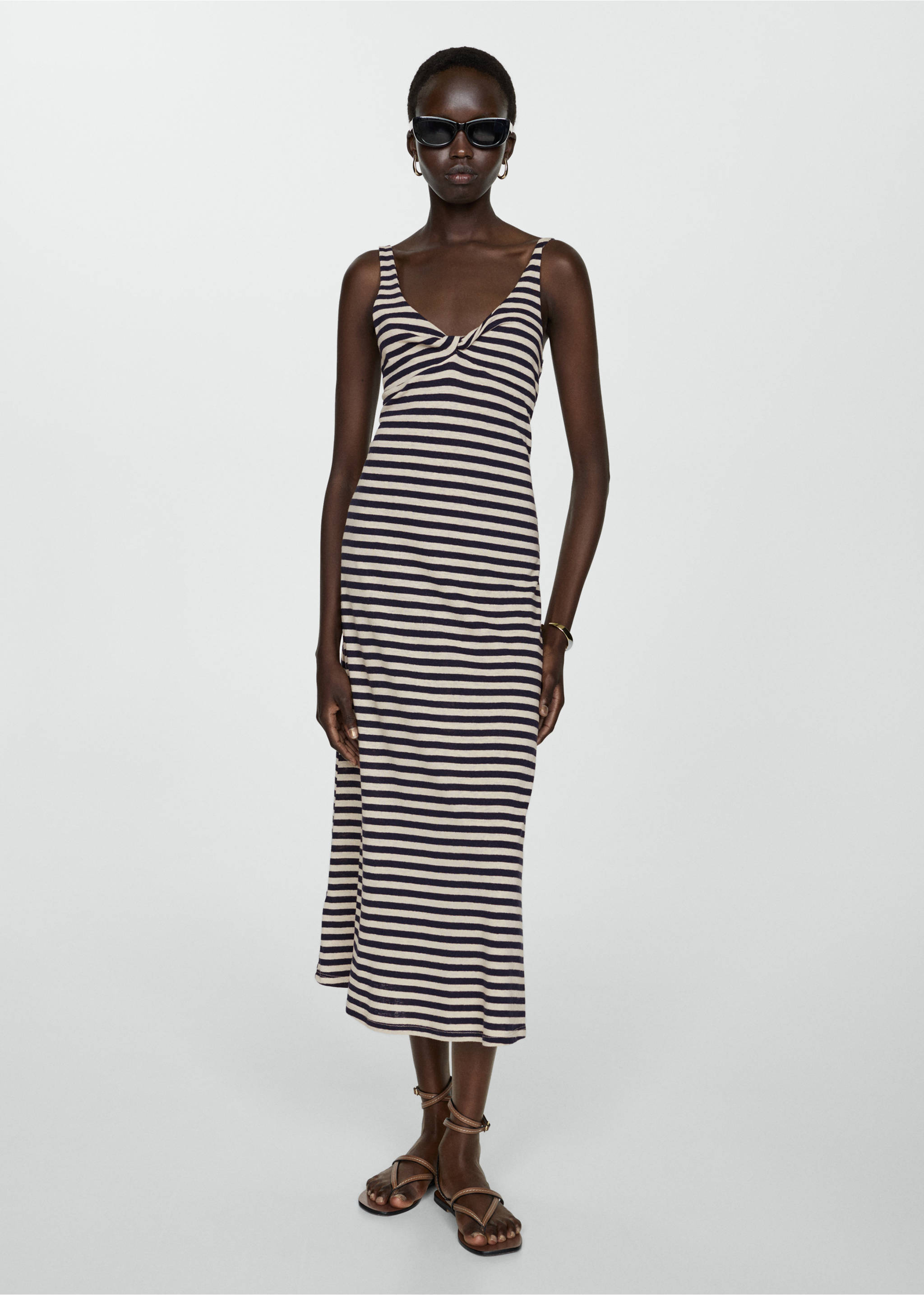 Robe lin détail nœud - Plan général, Bleu marine foncé. Ref: 77020371-00.