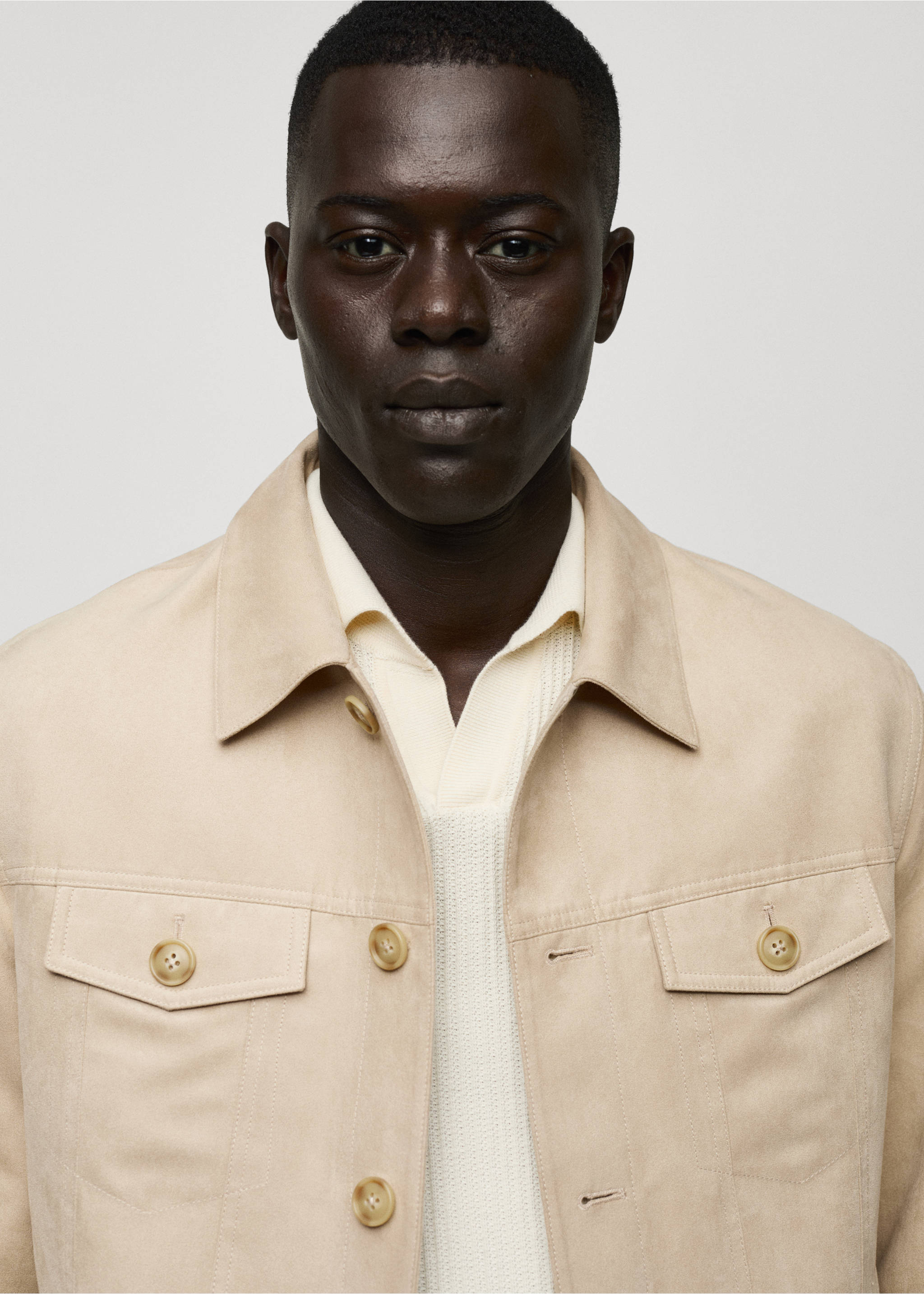 Suede-effect jacket with pockets - Details of the article 1, Beige. Ref: 77020565-00.