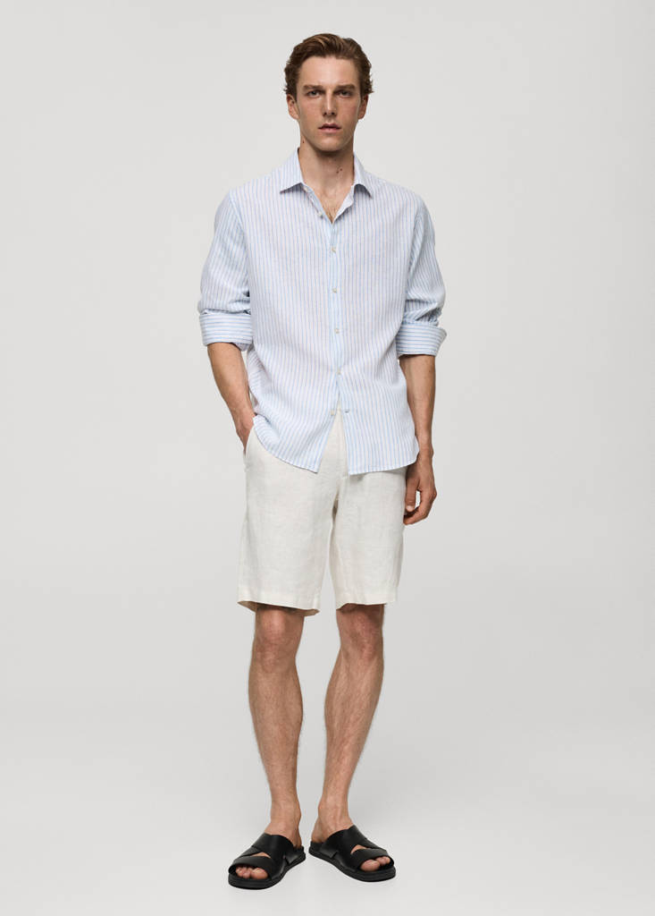 Regular-fit striped cotton-linen shirt — White