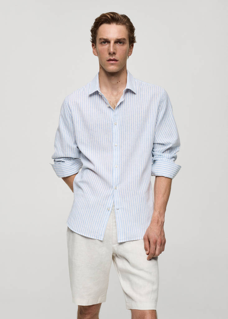 Regular-fit striped cotton-linen shirt — White
