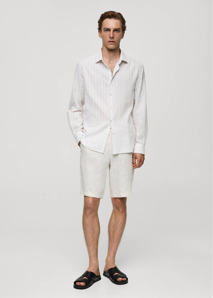 Regular-fit striped cotton-linen shirt — Medium Brown