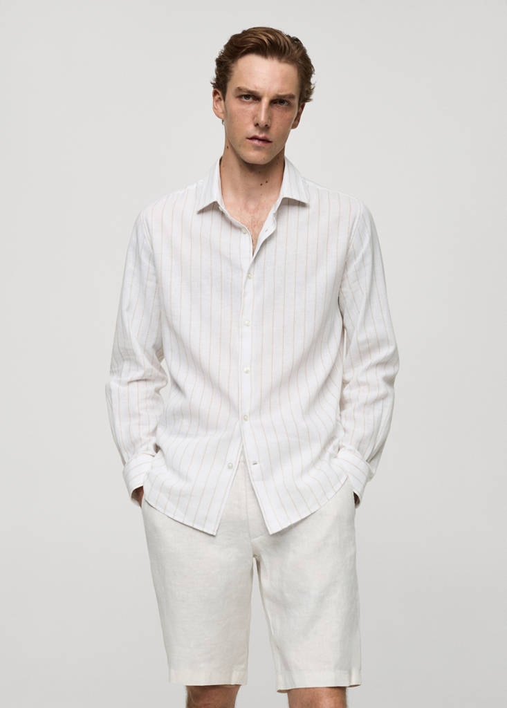 Regular-fit striped cotton-linen shirt — Medium Brown