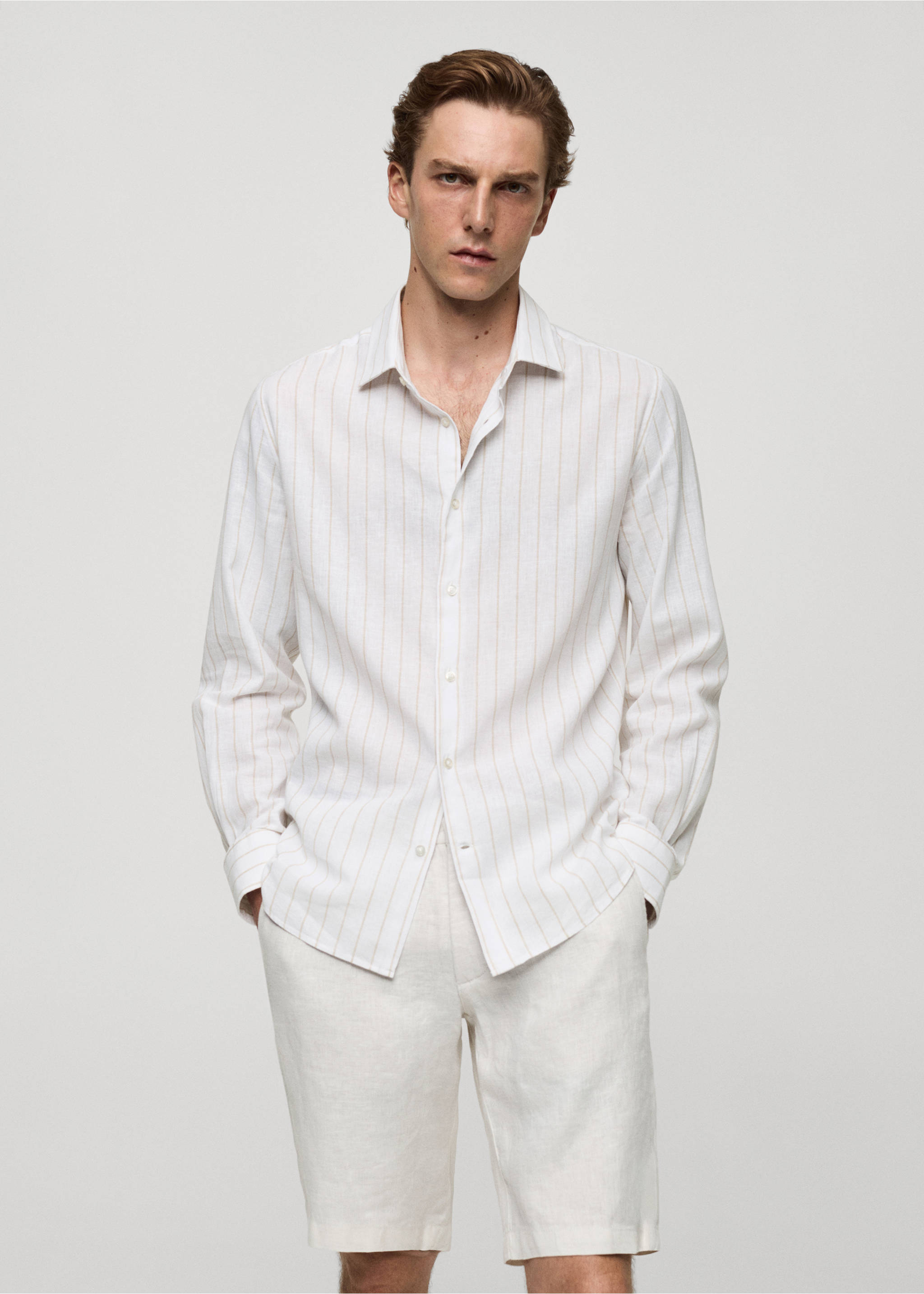 Chemise regular-fit lin coton rayures - Plan moyen, Marron moyen. Ref: 77020579-00.