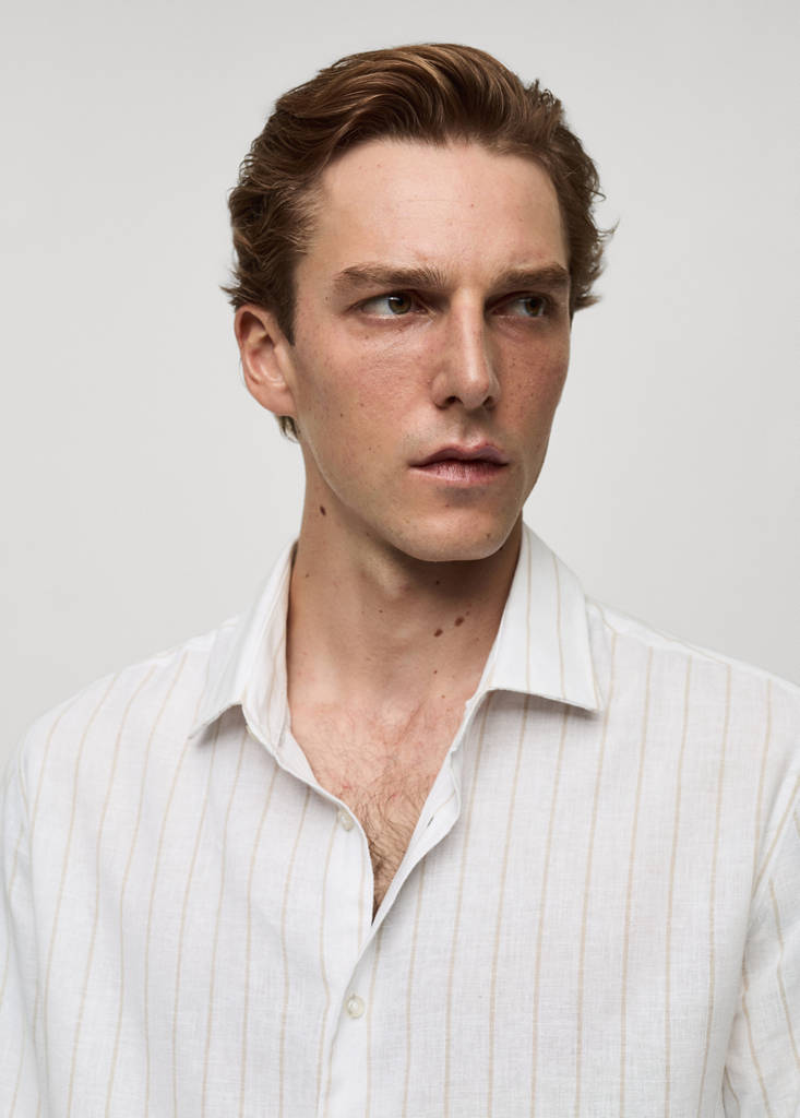 Regular-fit striped cotton-linen shirt — Medium Brown