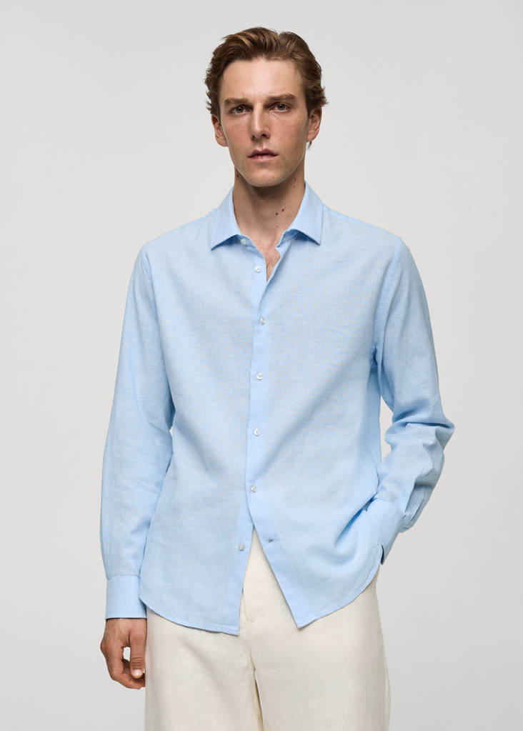 Regular-fit striped cotton-linen shirt — Sky Blue