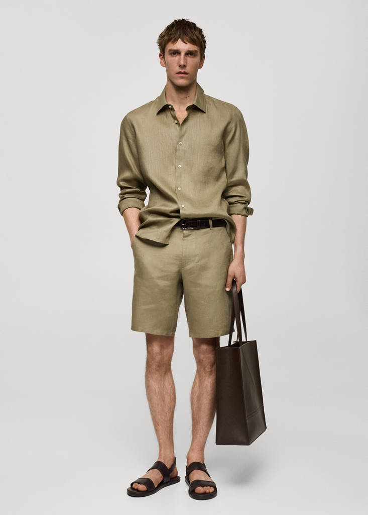 Regular-fit 100% linen shirt — Khaki