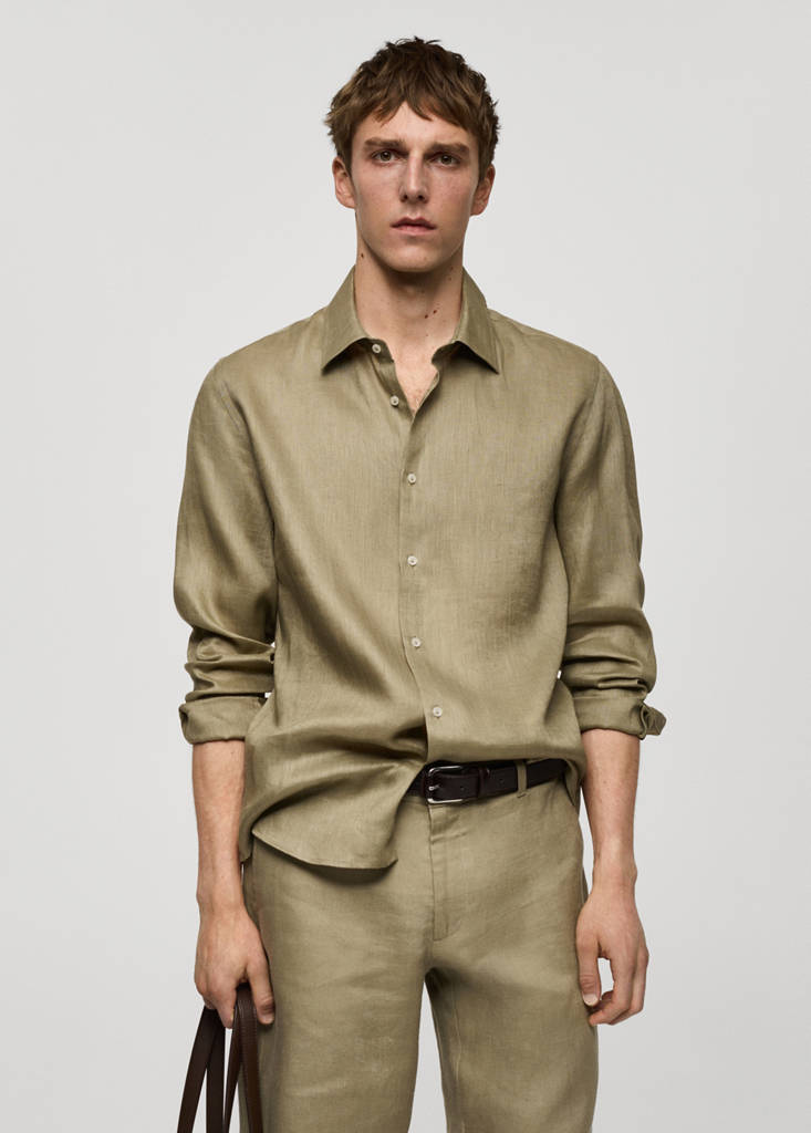 Regular-fit 100% linen shirt — Khaki