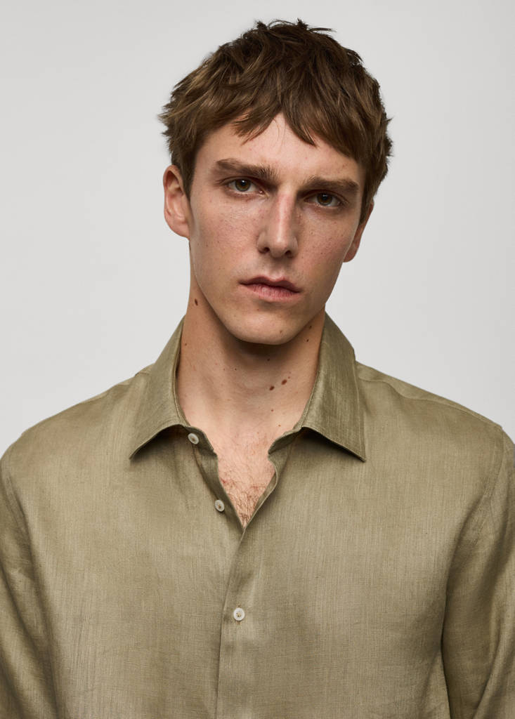 Regular-fit 100% linen shirt — Khaki