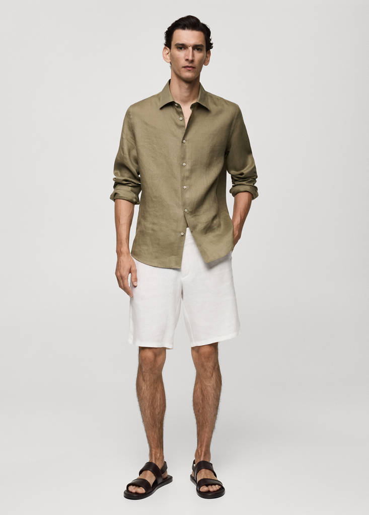 Regular-fit 100% linen shirt — Khaki