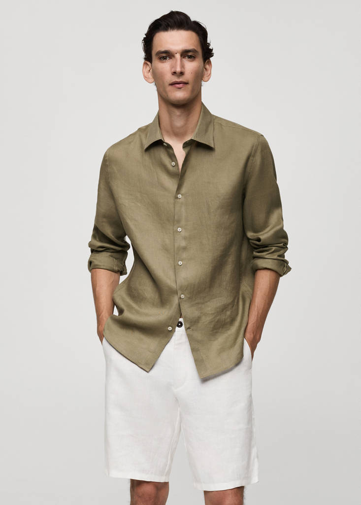 Regular-fit 100% linen shirt — Khaki