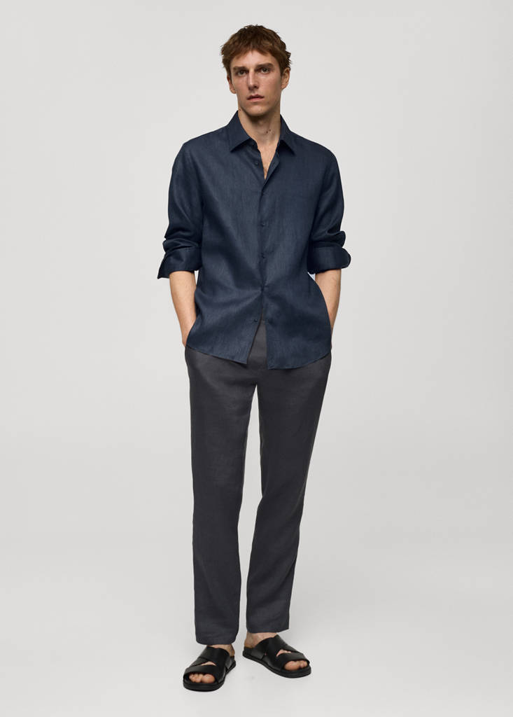 Regular-fit 100% linen shirt — Night Blue