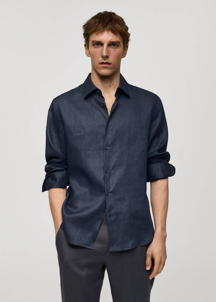 Regular-fit 100% linen shirt — Night Blue
