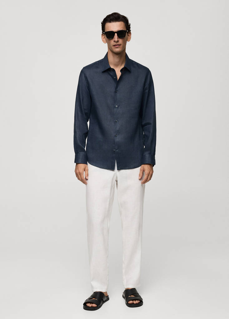 Regular-fit 100% linen shirt — Night Blue