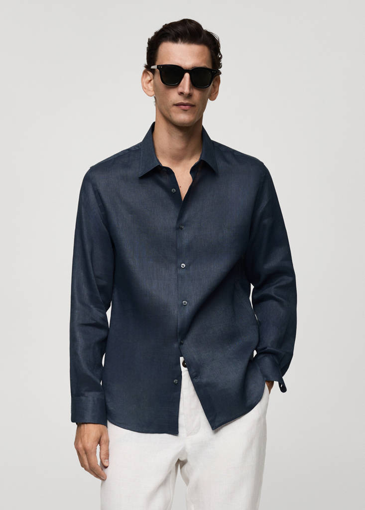 Regular-fit 100% linen shirt — Night Blue