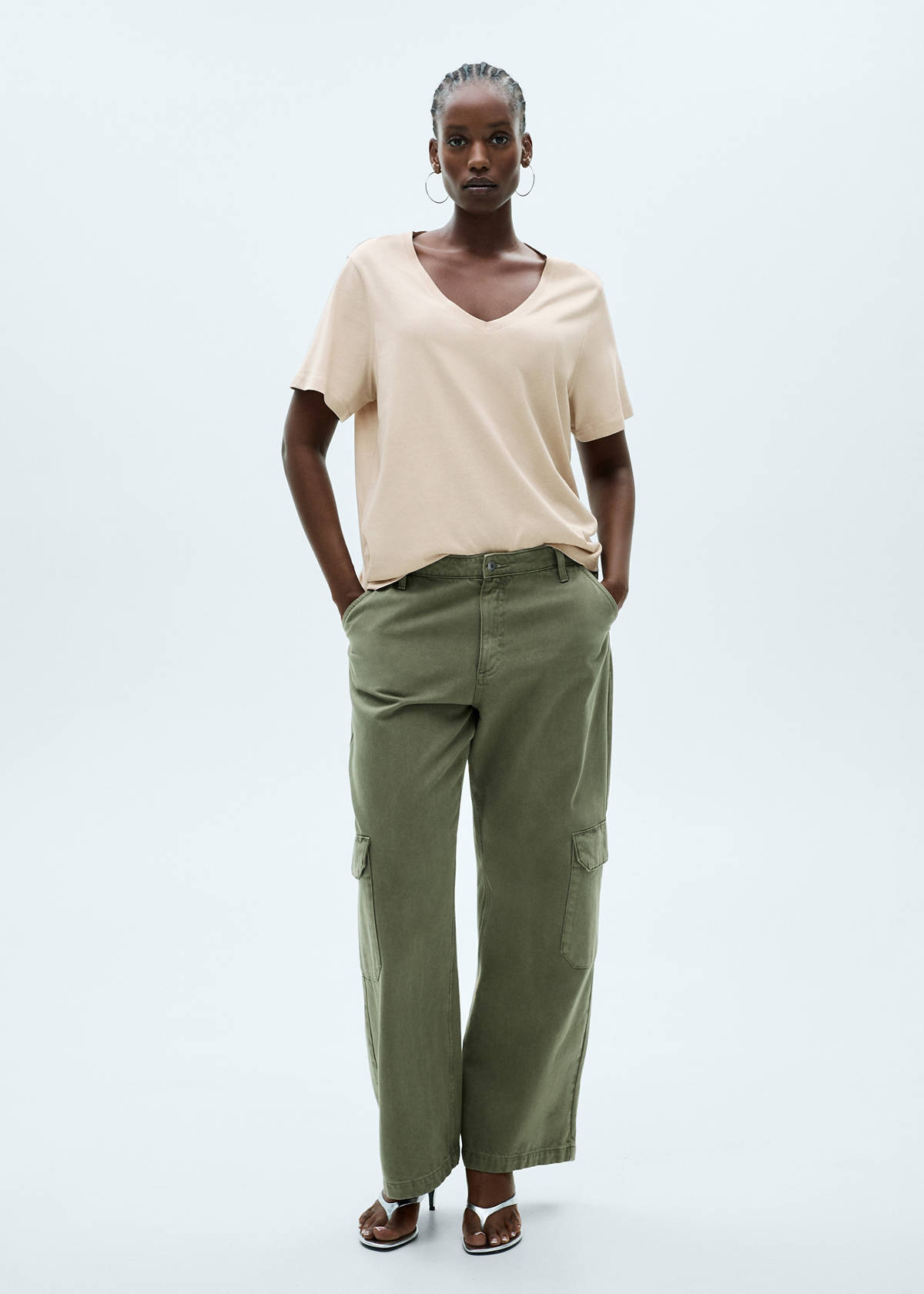 V-neck cotton T-shirt — Sand