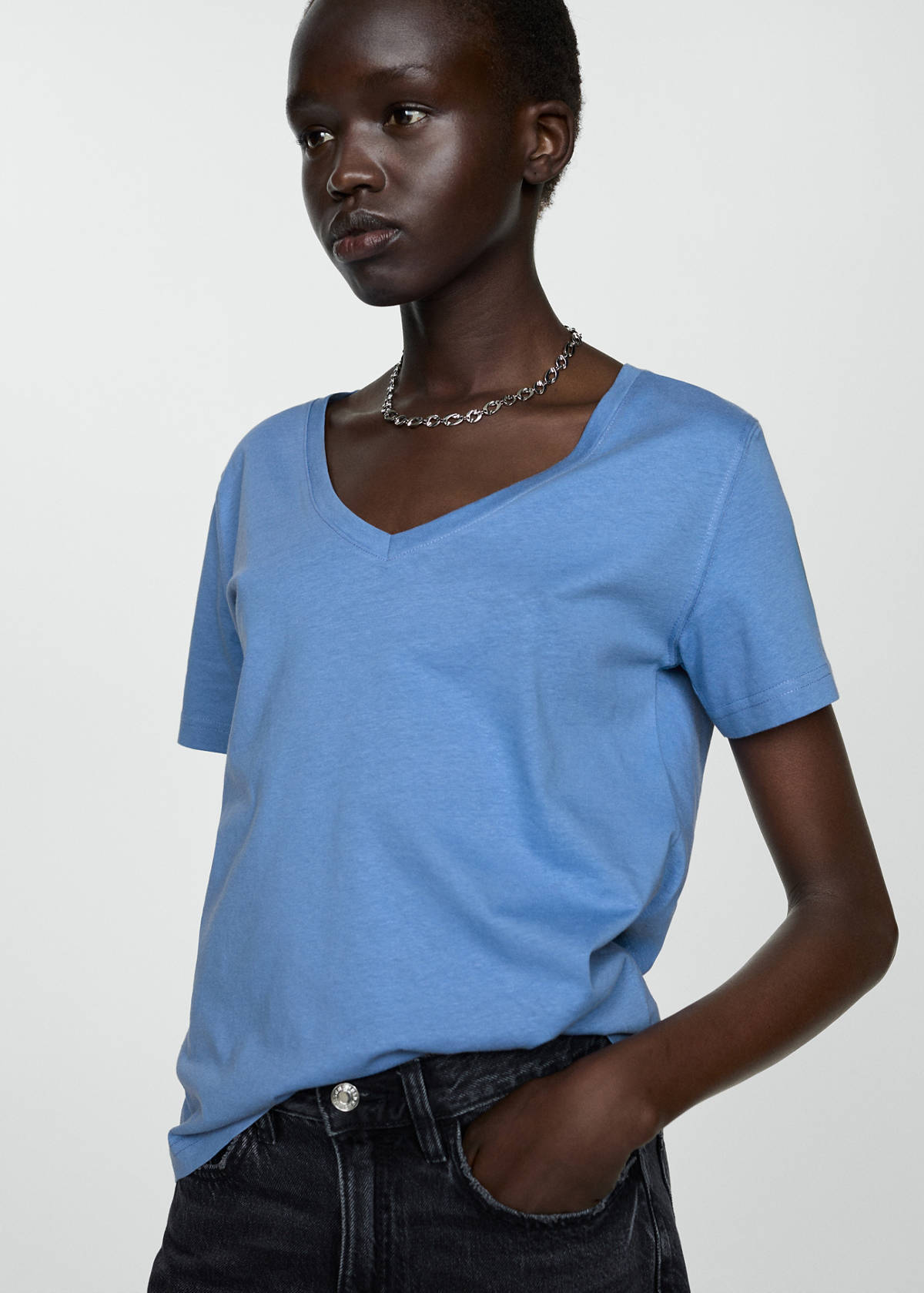 V-neck cotton T-shirt — Blue