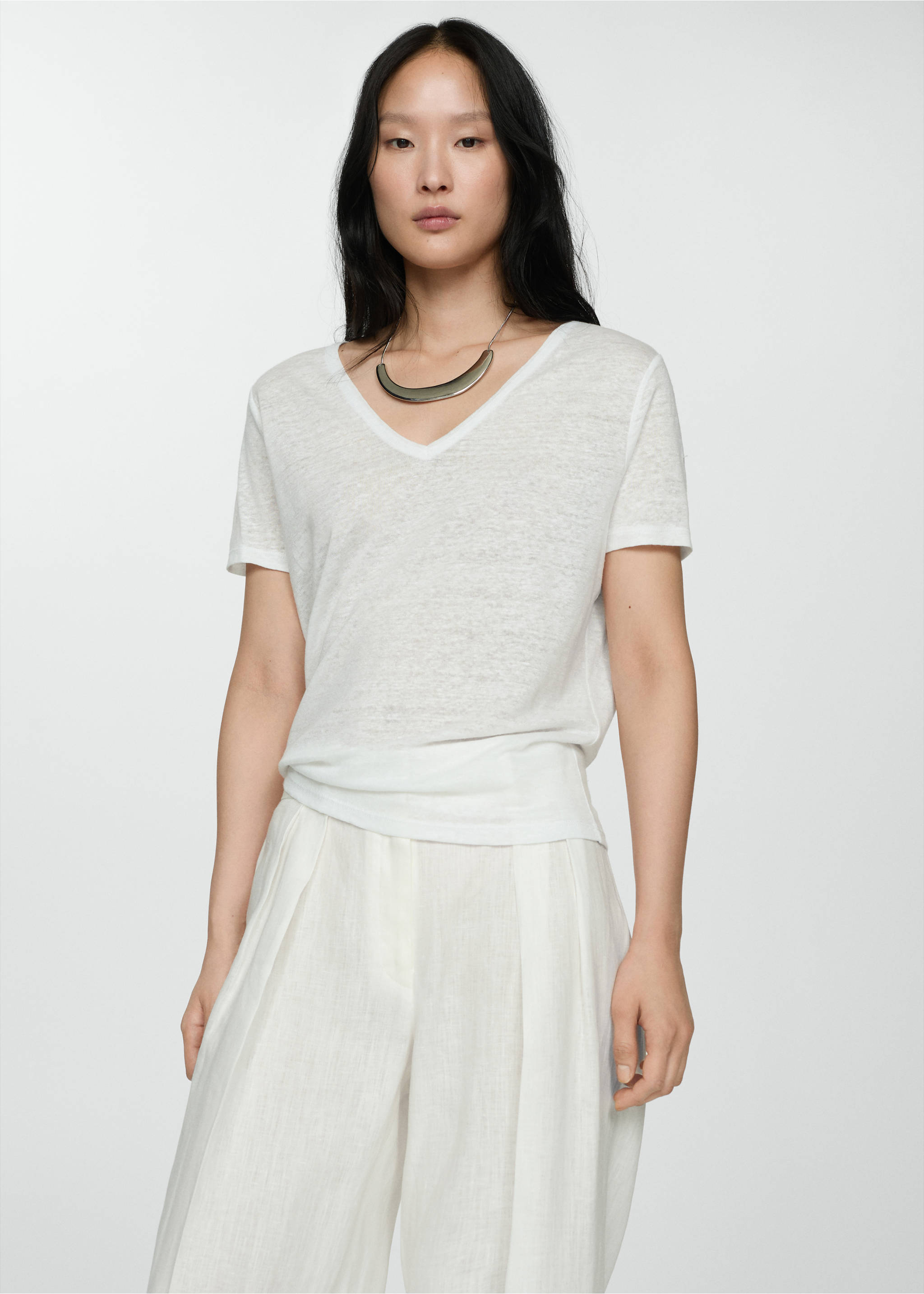 Camiseta lino manga corta - Plano medio, Blanco. Ref: 77020583-00.