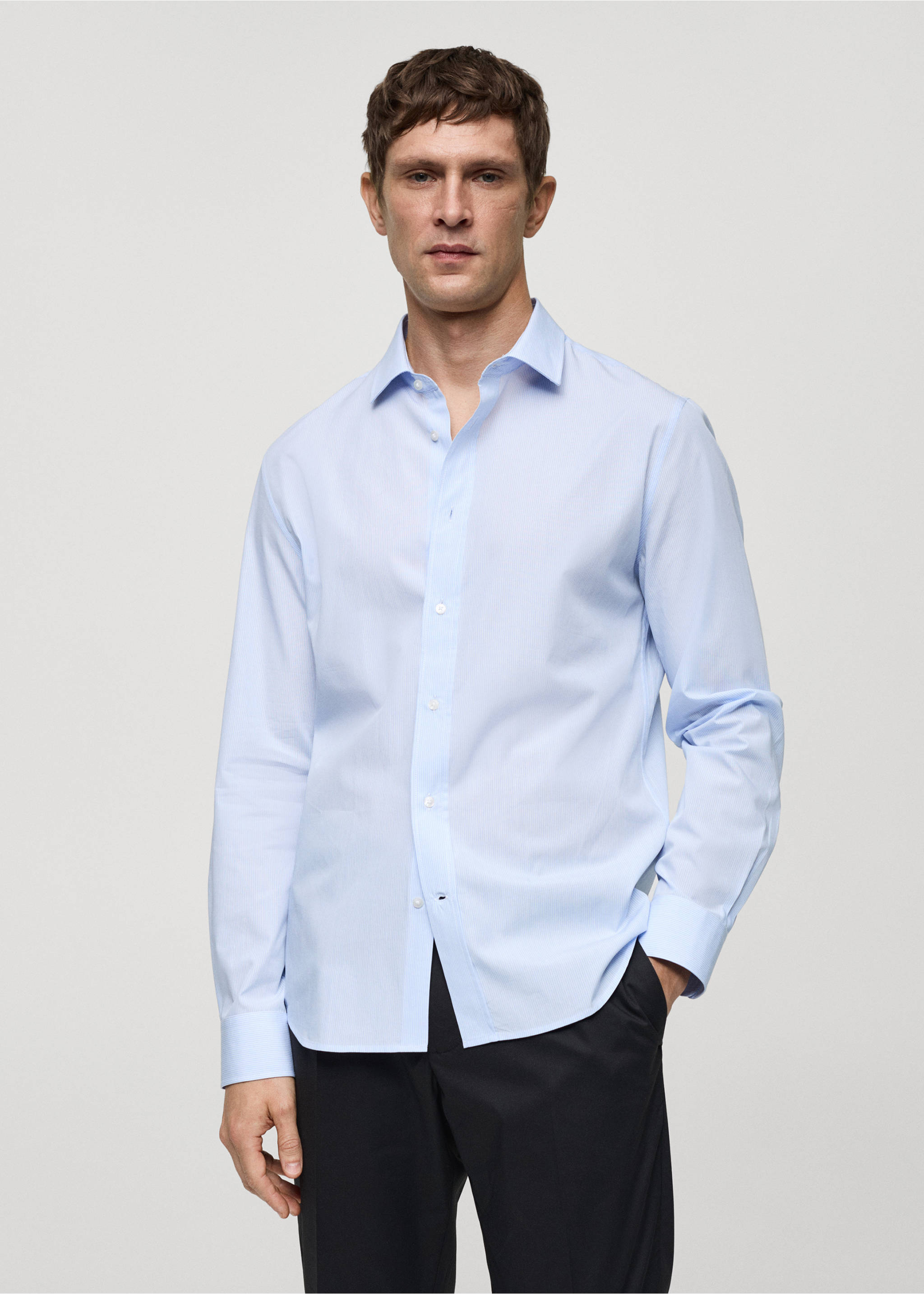 Regular-fit striped 100% cotton shirt - Medium plane, Sky Blue. Ref: 77022537-00.
