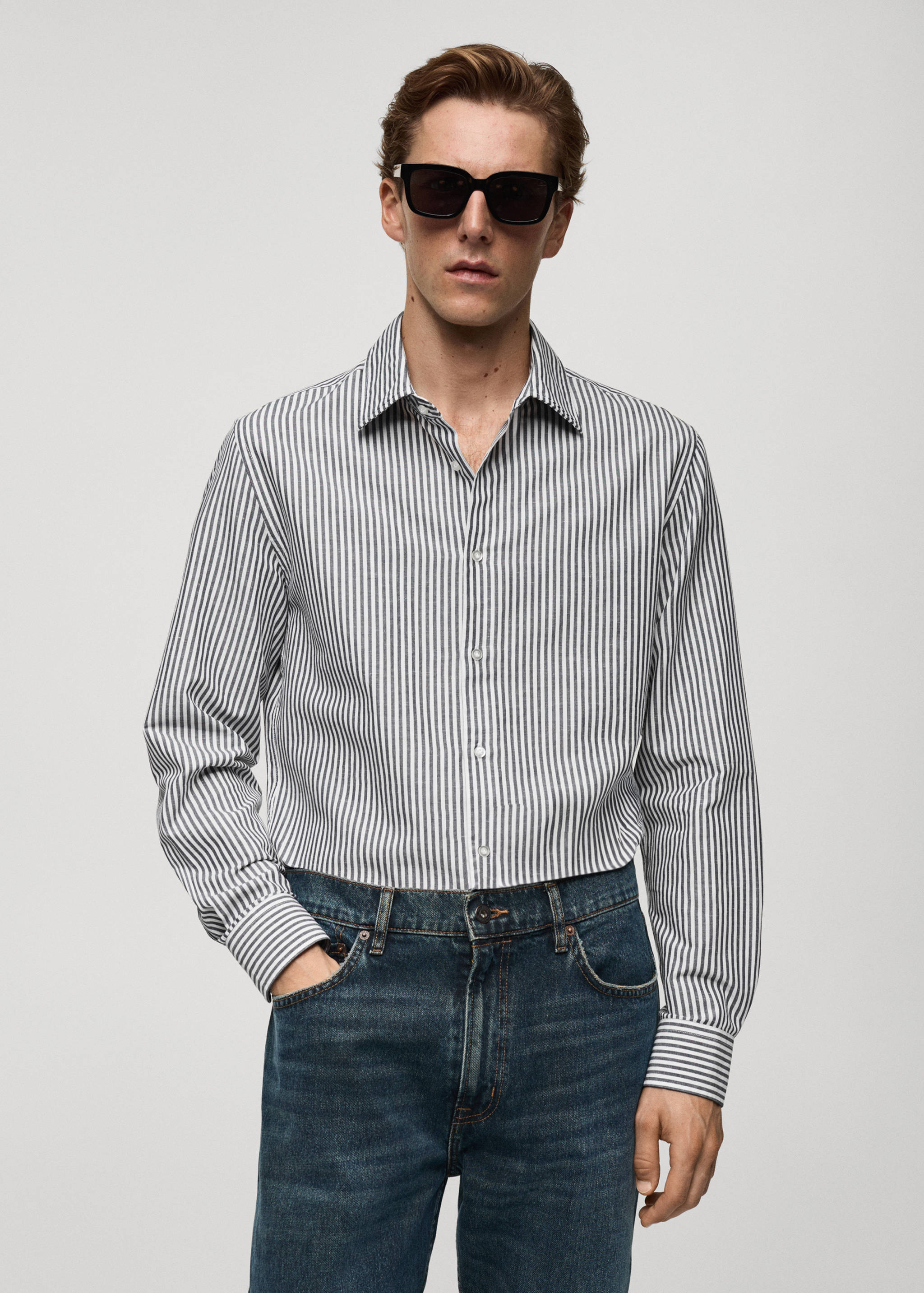 Regular-fit striped cotton-linen shirt - Medium plane