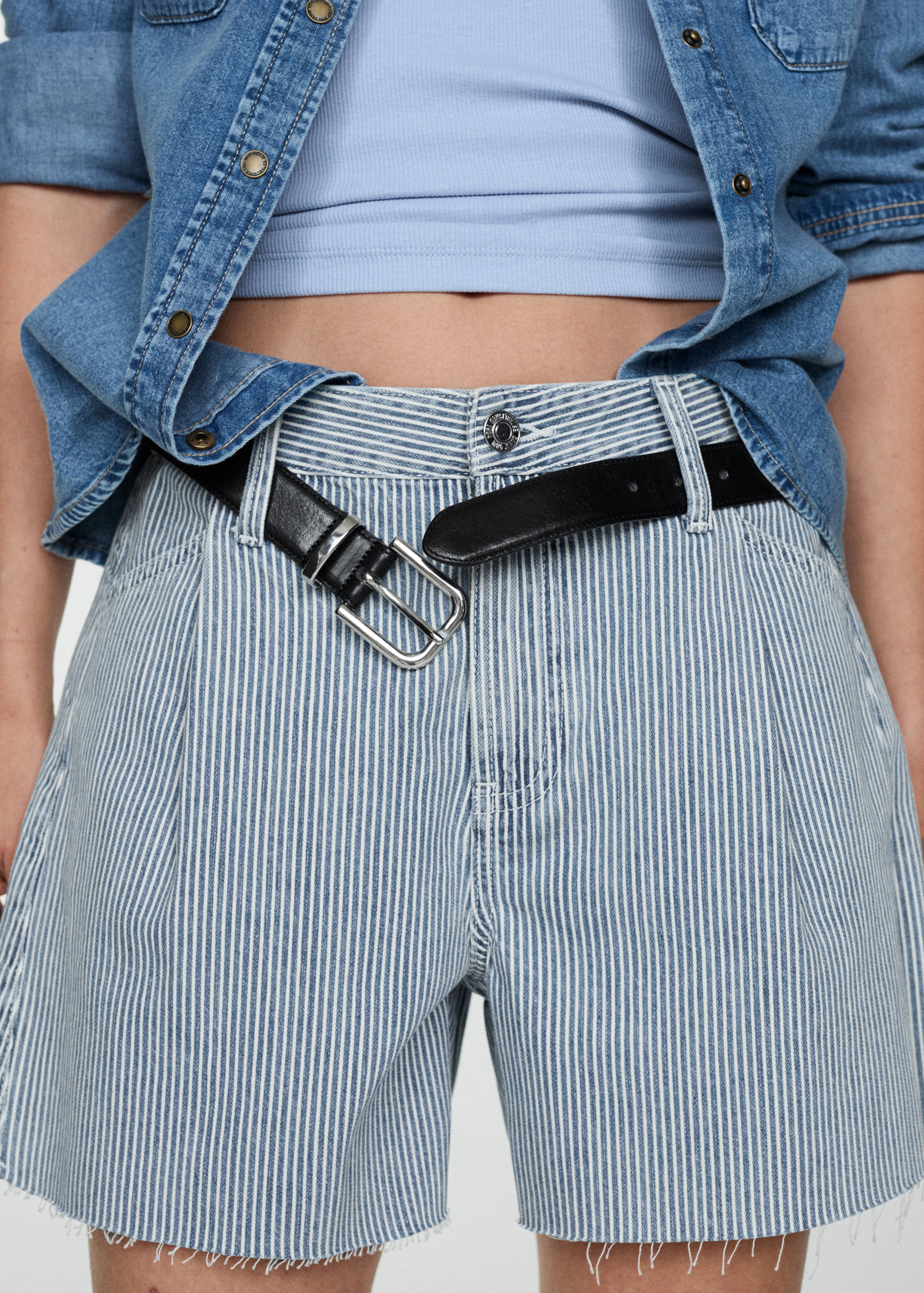 条纹印花牛仔短裤 - null