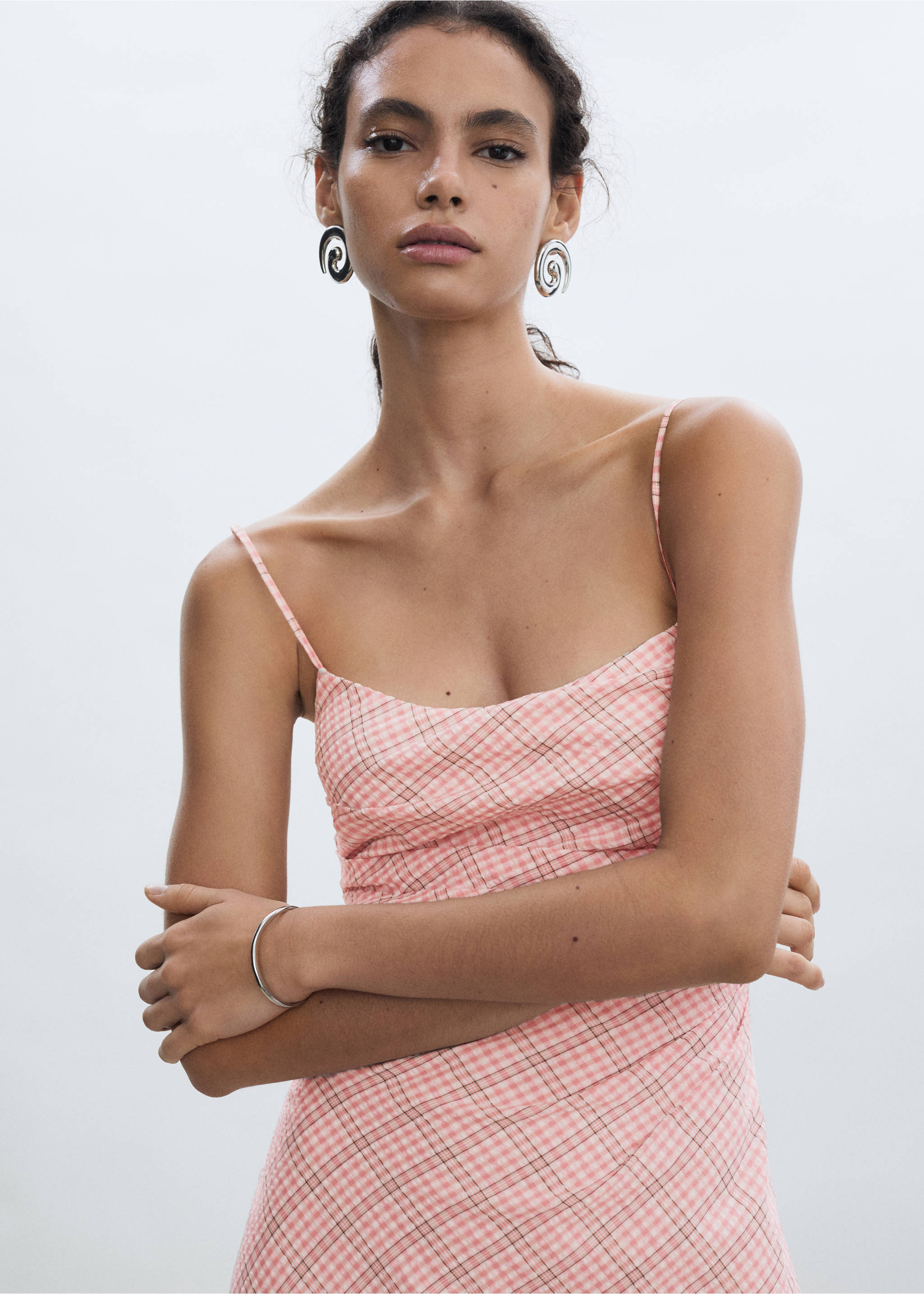 Pink and white gingham slip dress with thin straps and a straight neckline., Pastel Pink. Ref: 77022930-00.