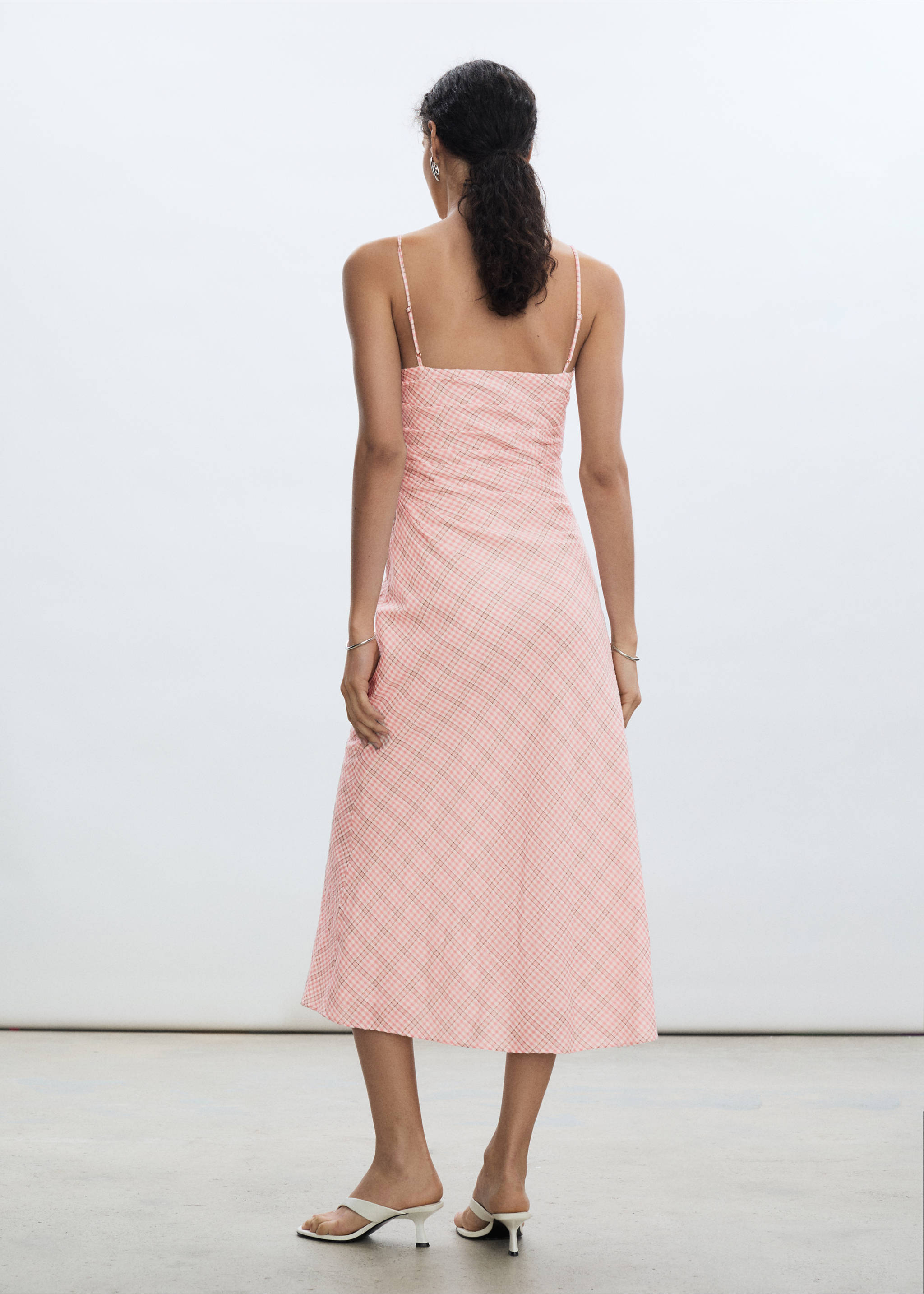 Back view of a pink gingham midi slip dress with thin straps., Pastel Pink. Ref: 77022930-00.