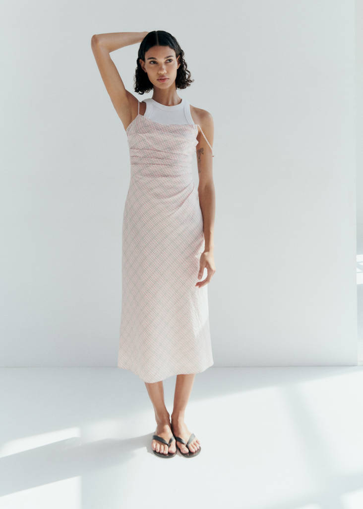 paper london check print midi silk dress Check Print Button Through Midi Dress Brown