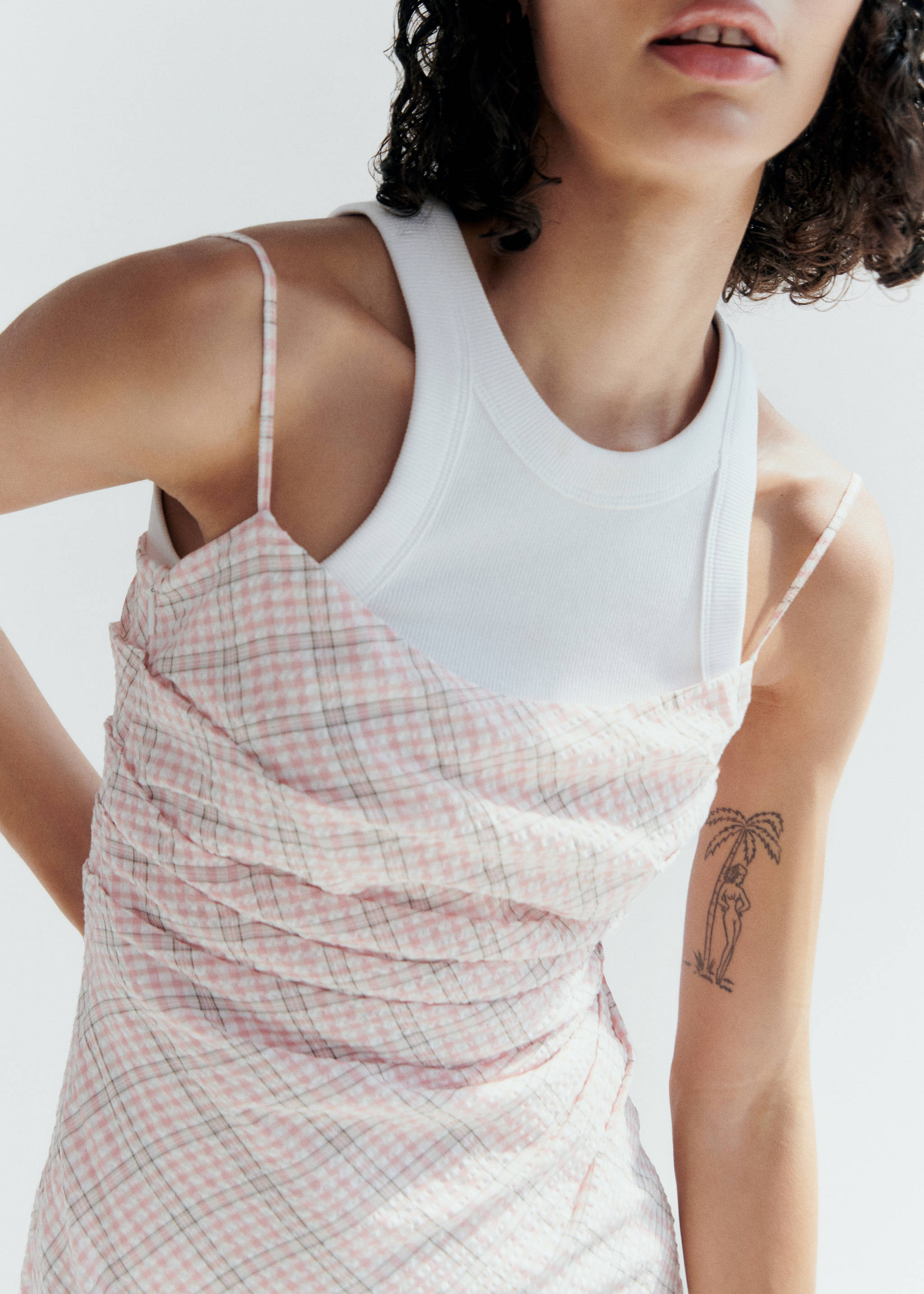 Pink and white gingham slip dress with a ruched bodice, layered over a white tank top., Pastel Pink. Ref: 77022930-00.
