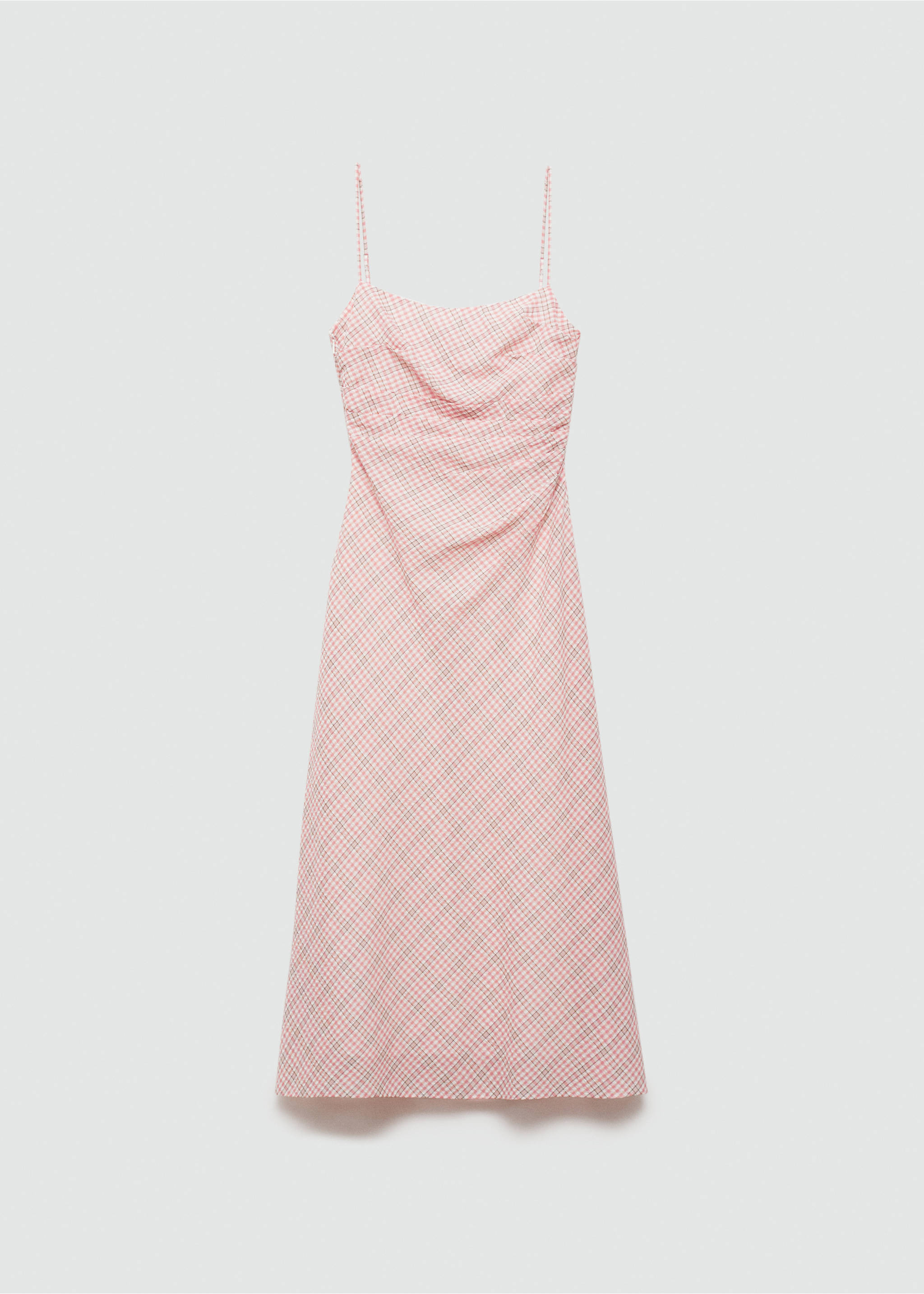 Pink and white gingham midi dress with thin straps and ruched bodice., Pastel Pink. Ref: 77022930-00.