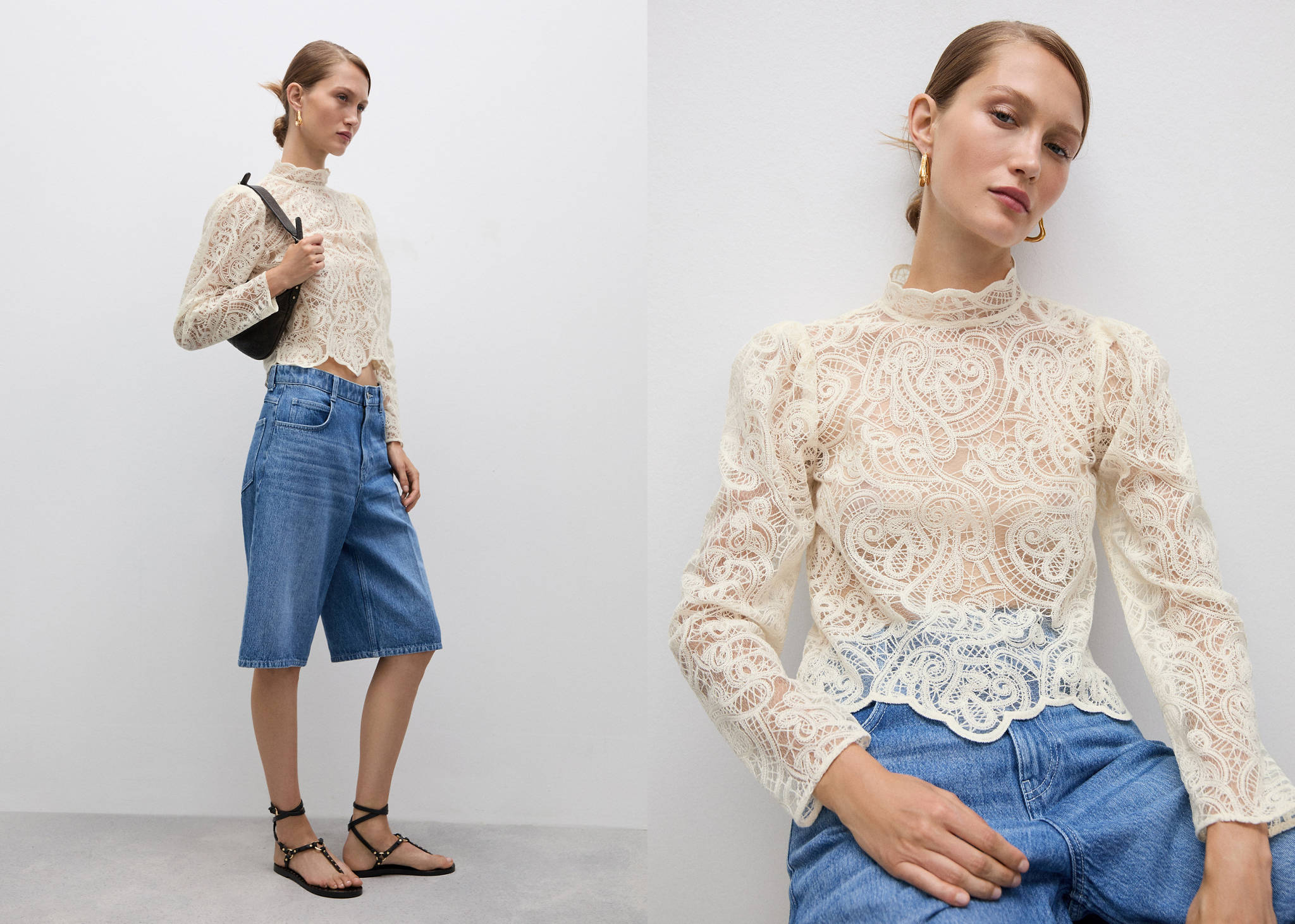 High-neck cotton lace blouse - Panoramic plane