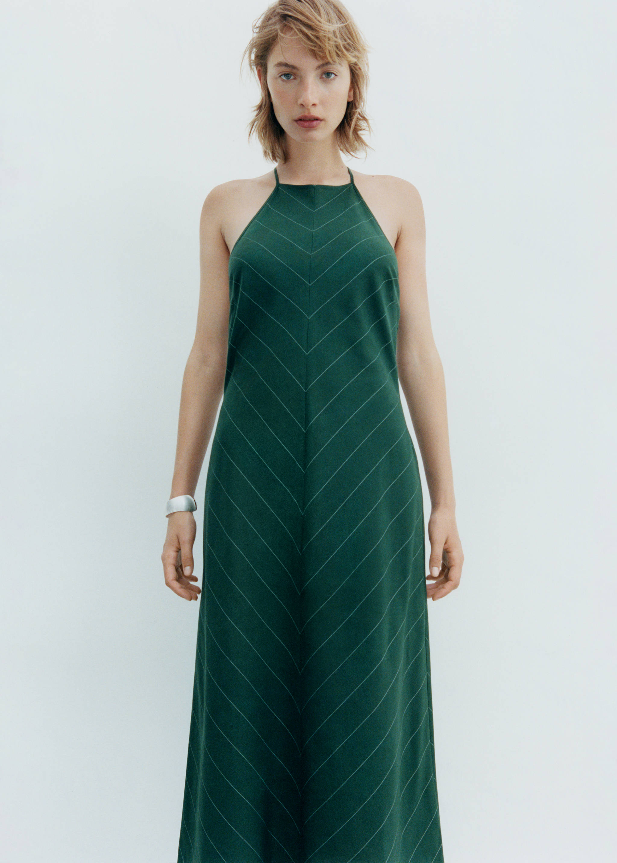 细条纹露背挂脖连衣裙 - null