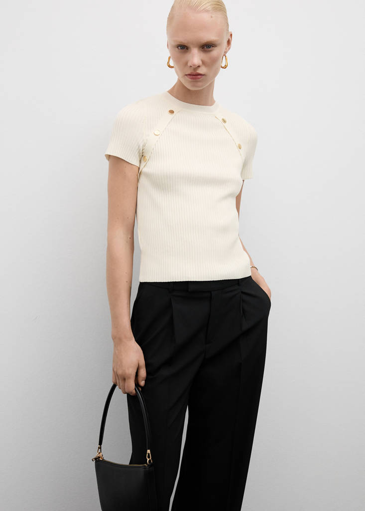 Short-sleeved ribbed sweater with buttons — Ecru