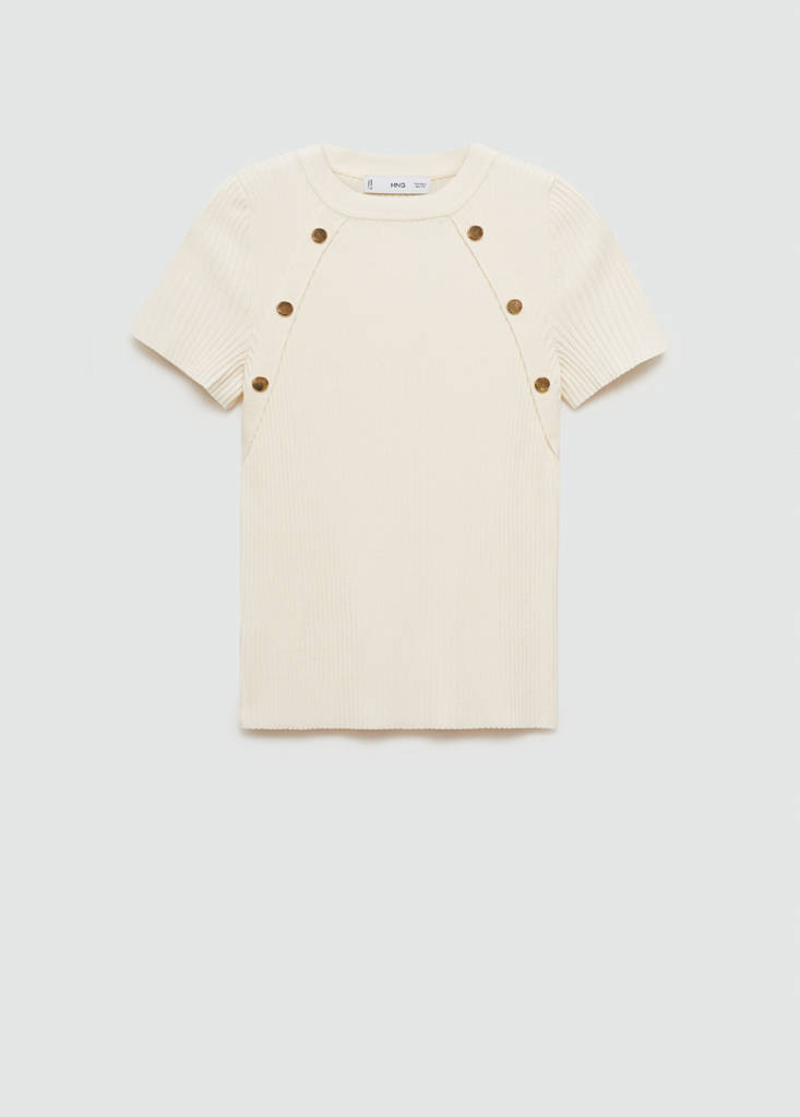 Short-sleeved ribbed sweater with buttons — Ecru