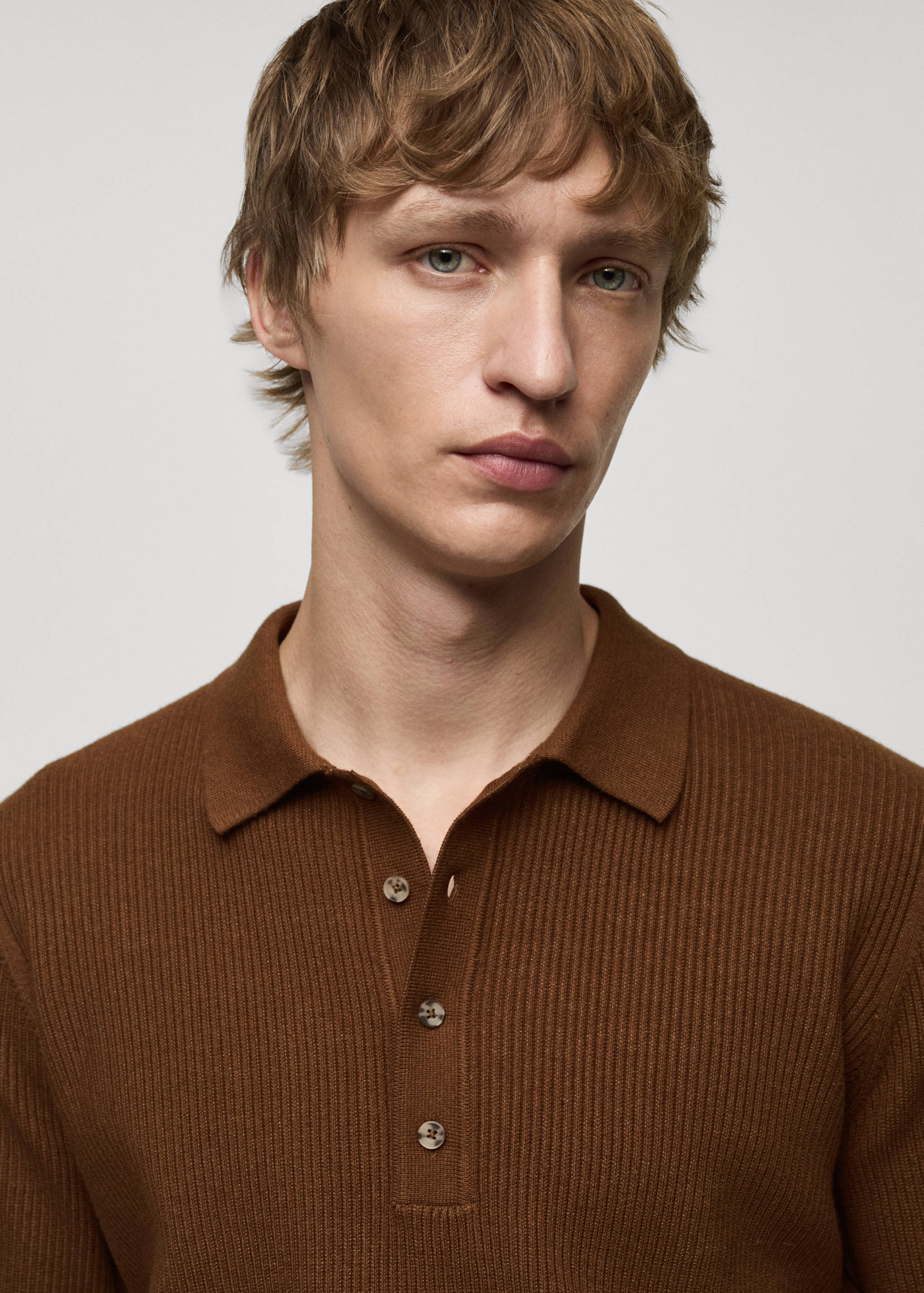 Cotton-blend ribbed polo sweater - Details of the article 1